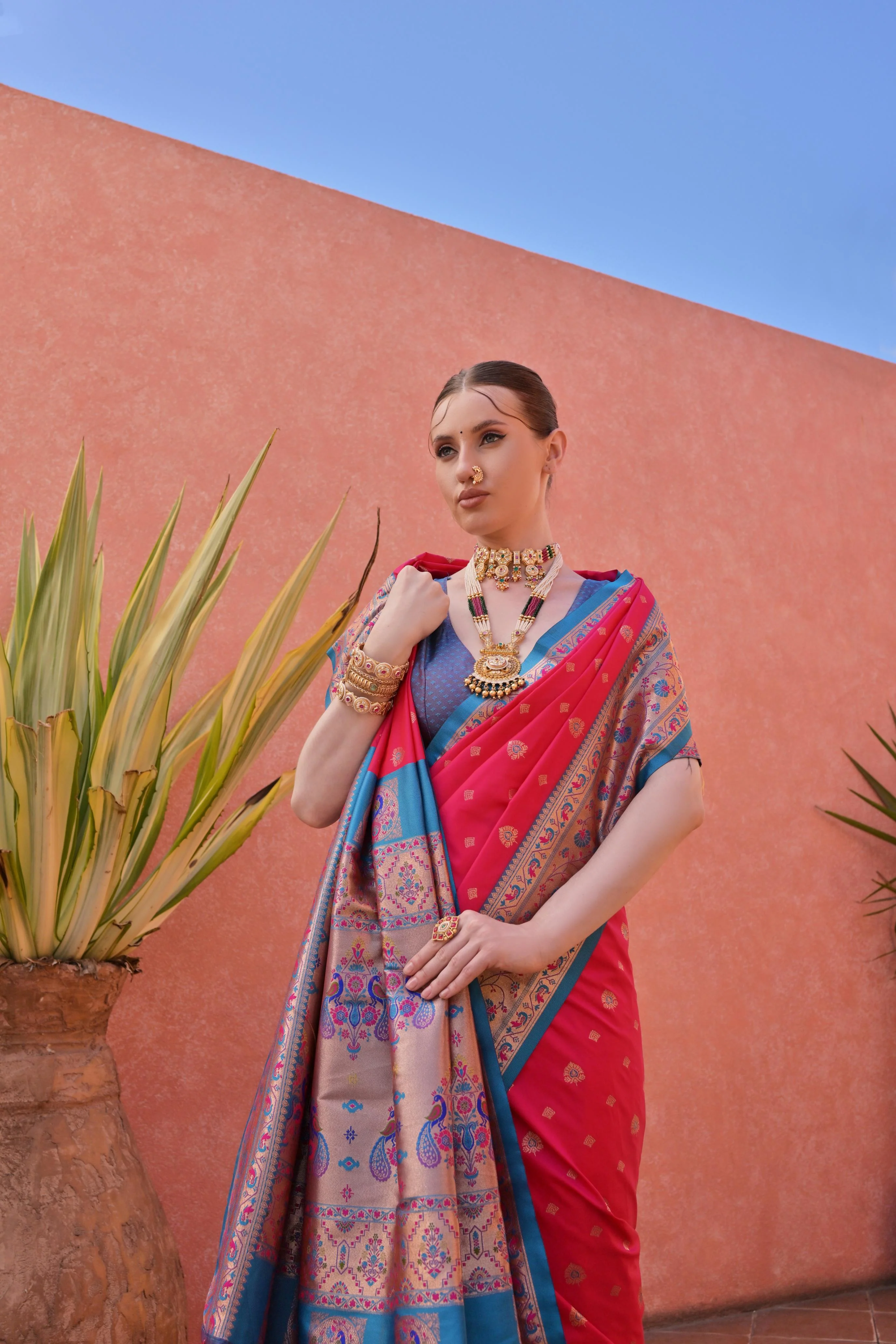 Jyoti Fashion Women's Rani Pink Paithani Silk Zari Woven Saree with Blouse - Image 3