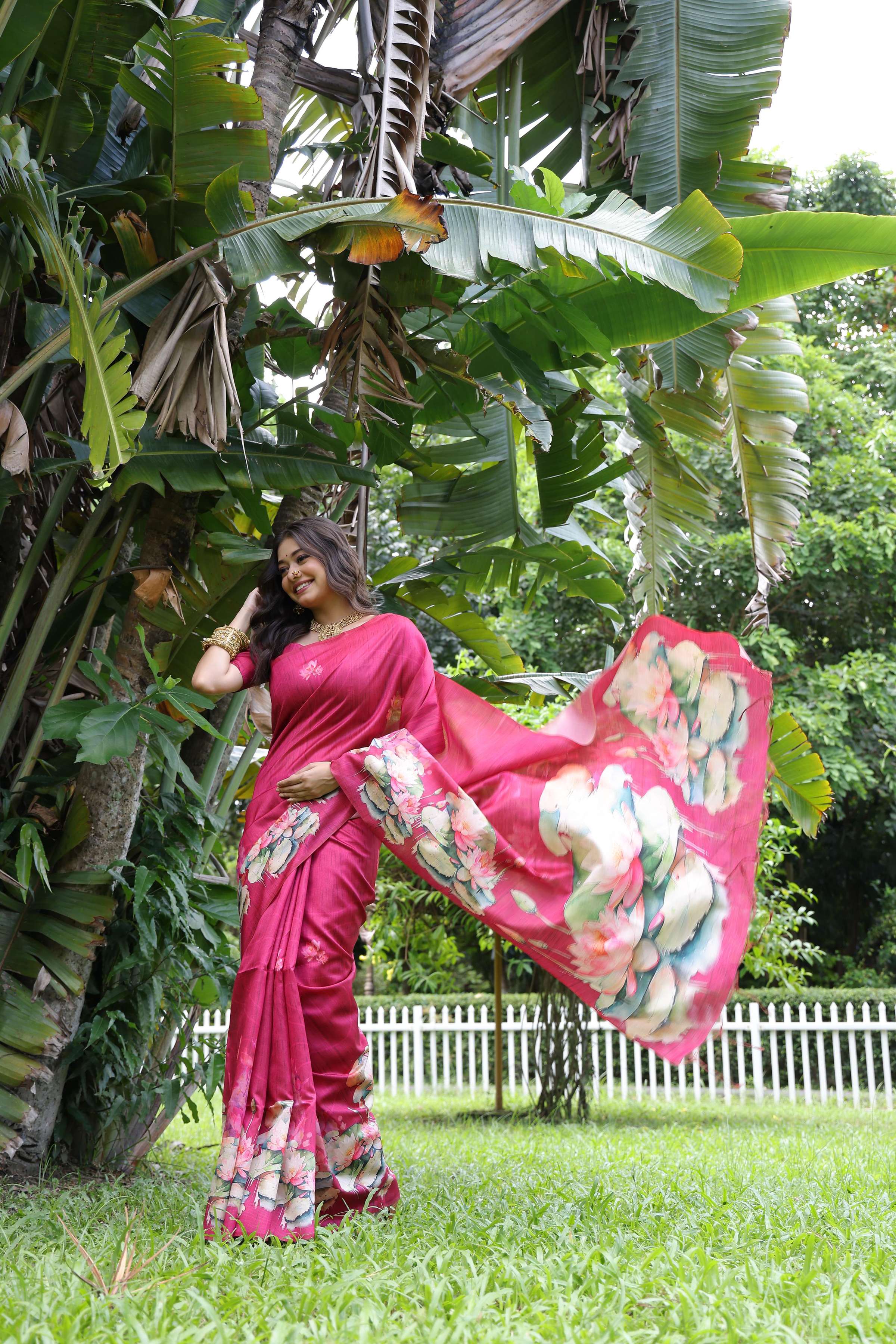 Jyoti Fashion Women's Rani Pink Soft Tussar Silk Floral Printed Saree with Blouse - Image 2