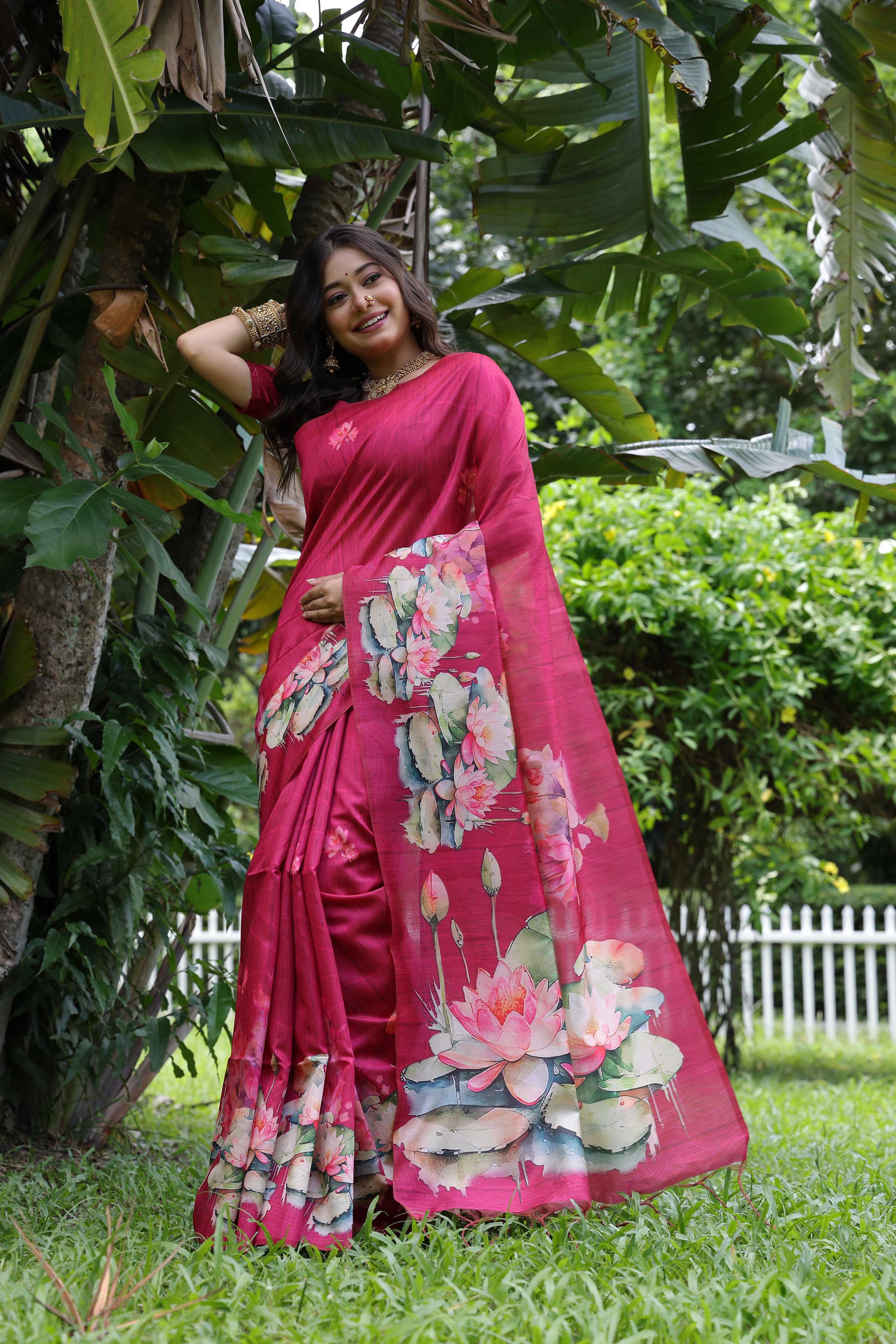 Jyoti Fashion Women's Rani Pink Soft Tussar Silk Floral Printed Saree with Blouse - Image 3
