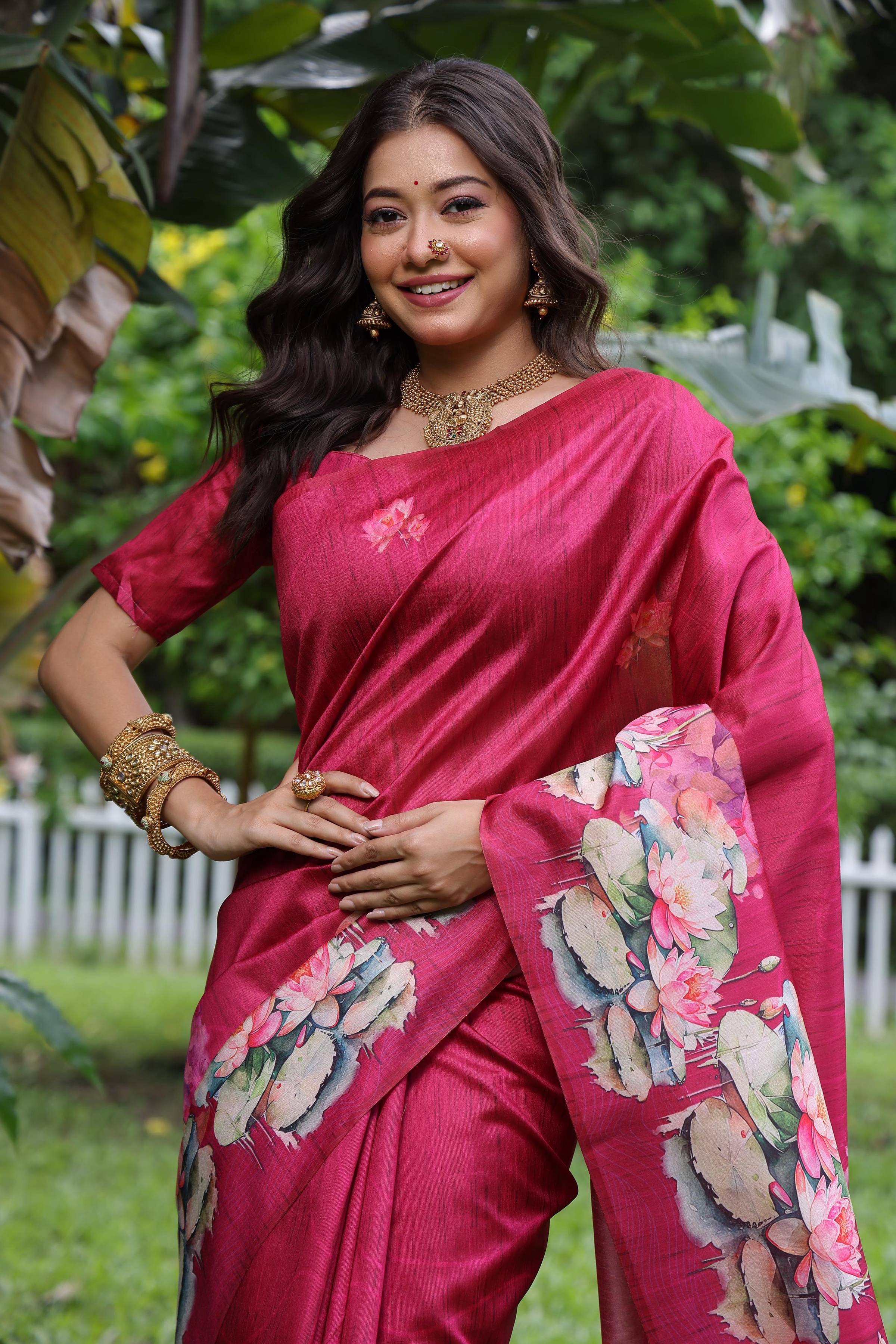 Jyoti Fashion Women's Rani Pink Soft Tussar Silk Floral Printed Saree with Blouse - Image 4