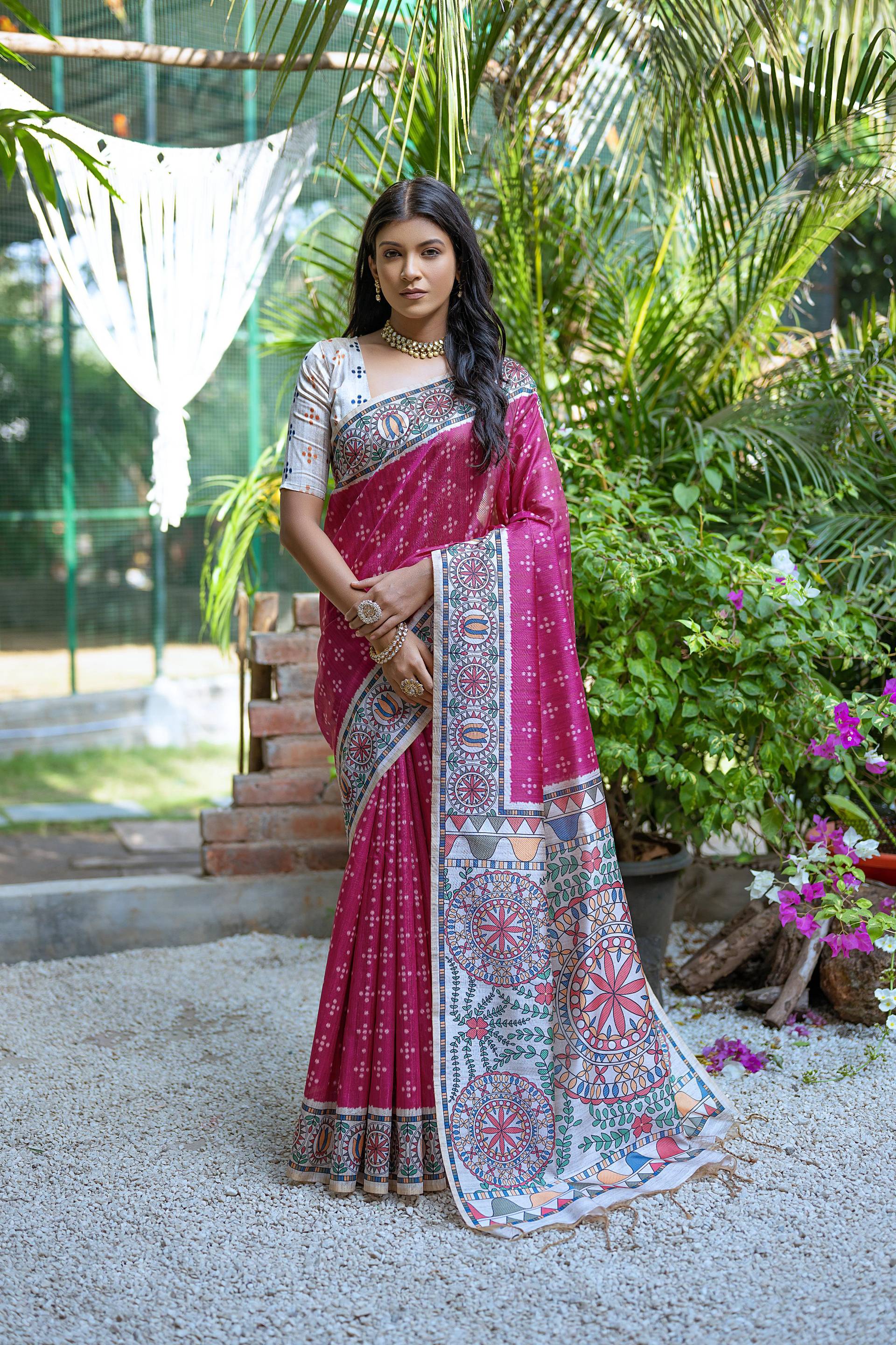 Jyoti Fashion Women's Rani Pink Soft Tussar Silk Madhubani Printed Saree with Blouse - Image 2