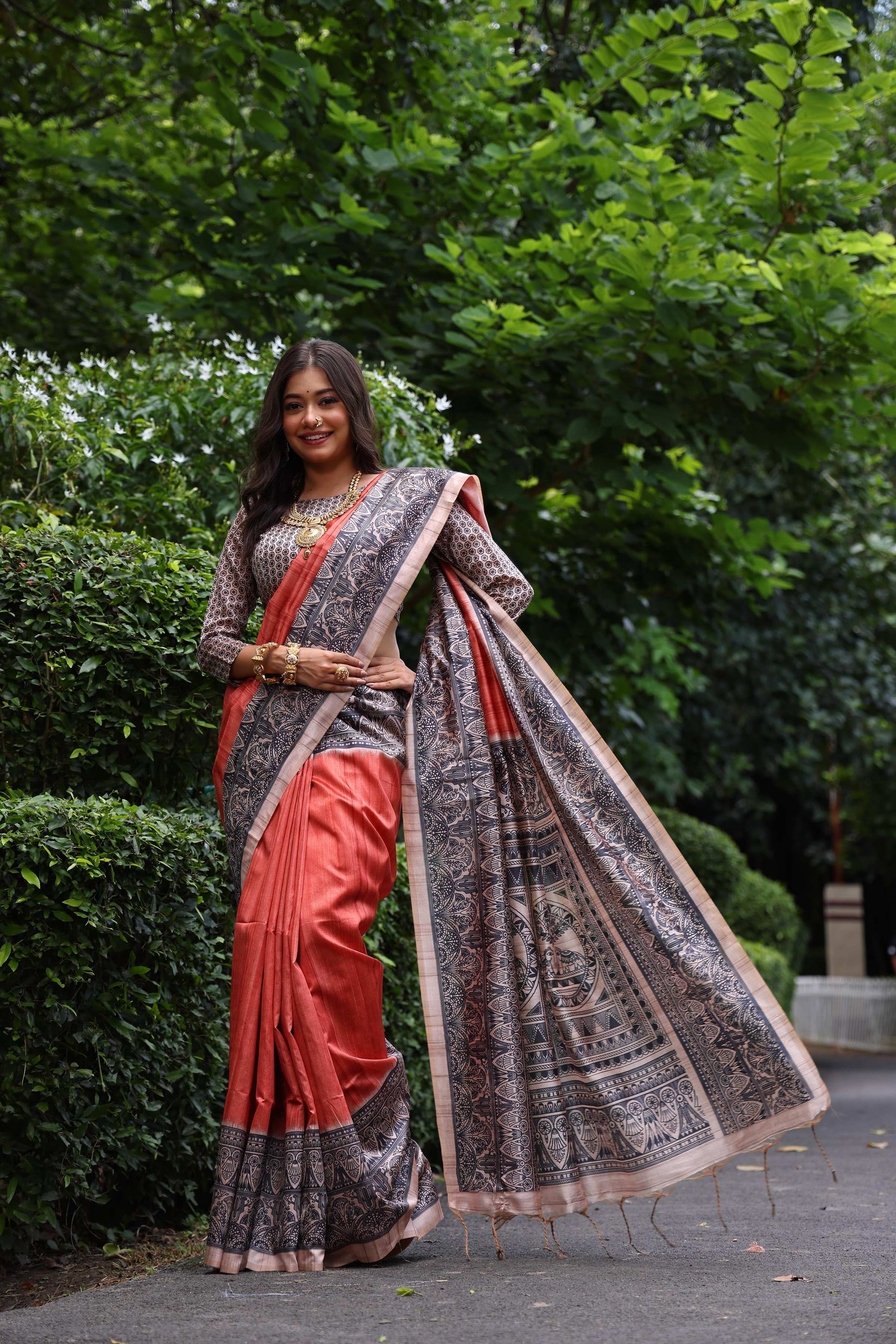 Jyoti Fashion Women's Red Soft Tussar Silk Madhubani Printed Saree with Blouse - Image 2