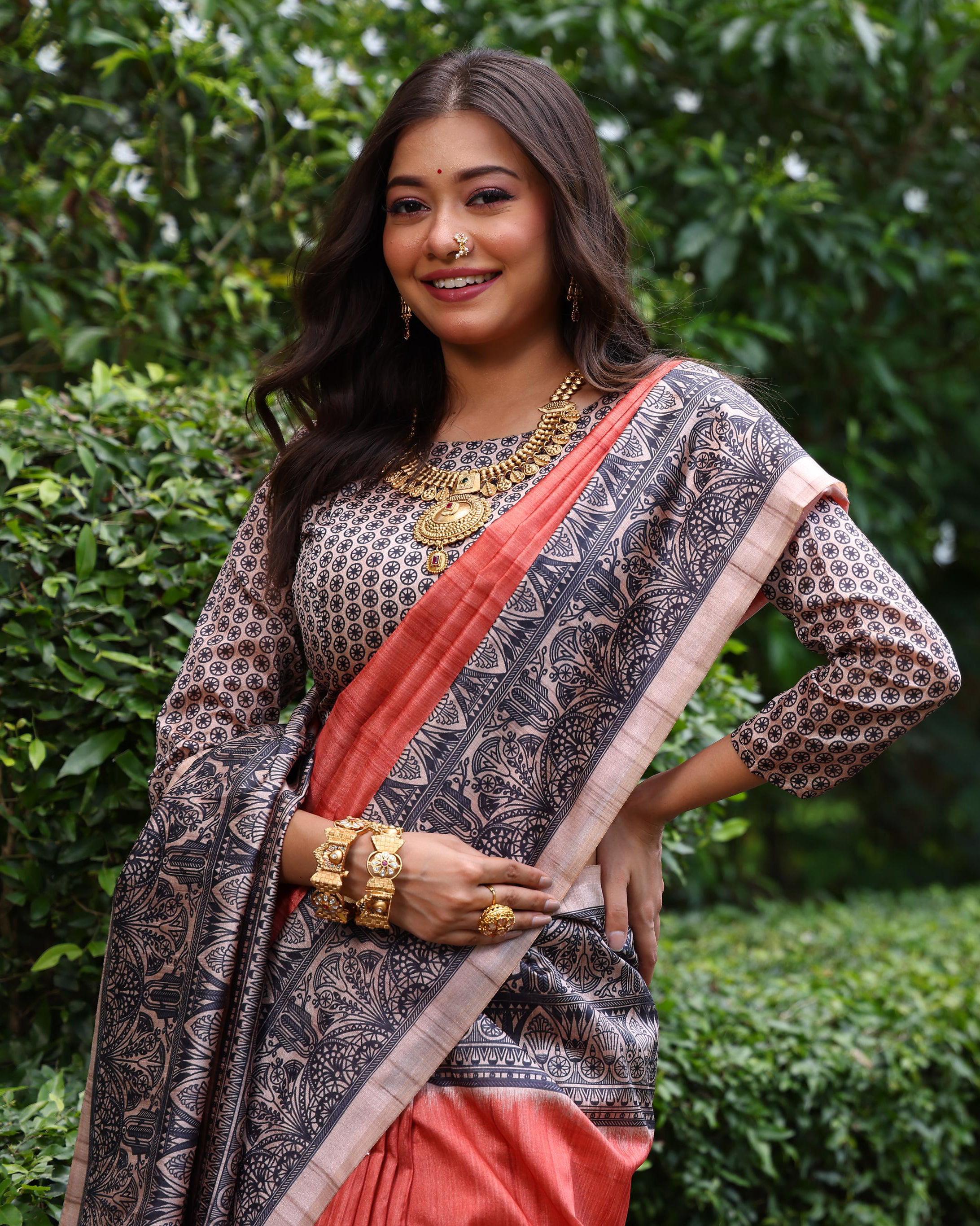 Jyoti Fashion Women's Red Soft Tussar Silk Madhubani Printed Saree with Blouse - Image 3