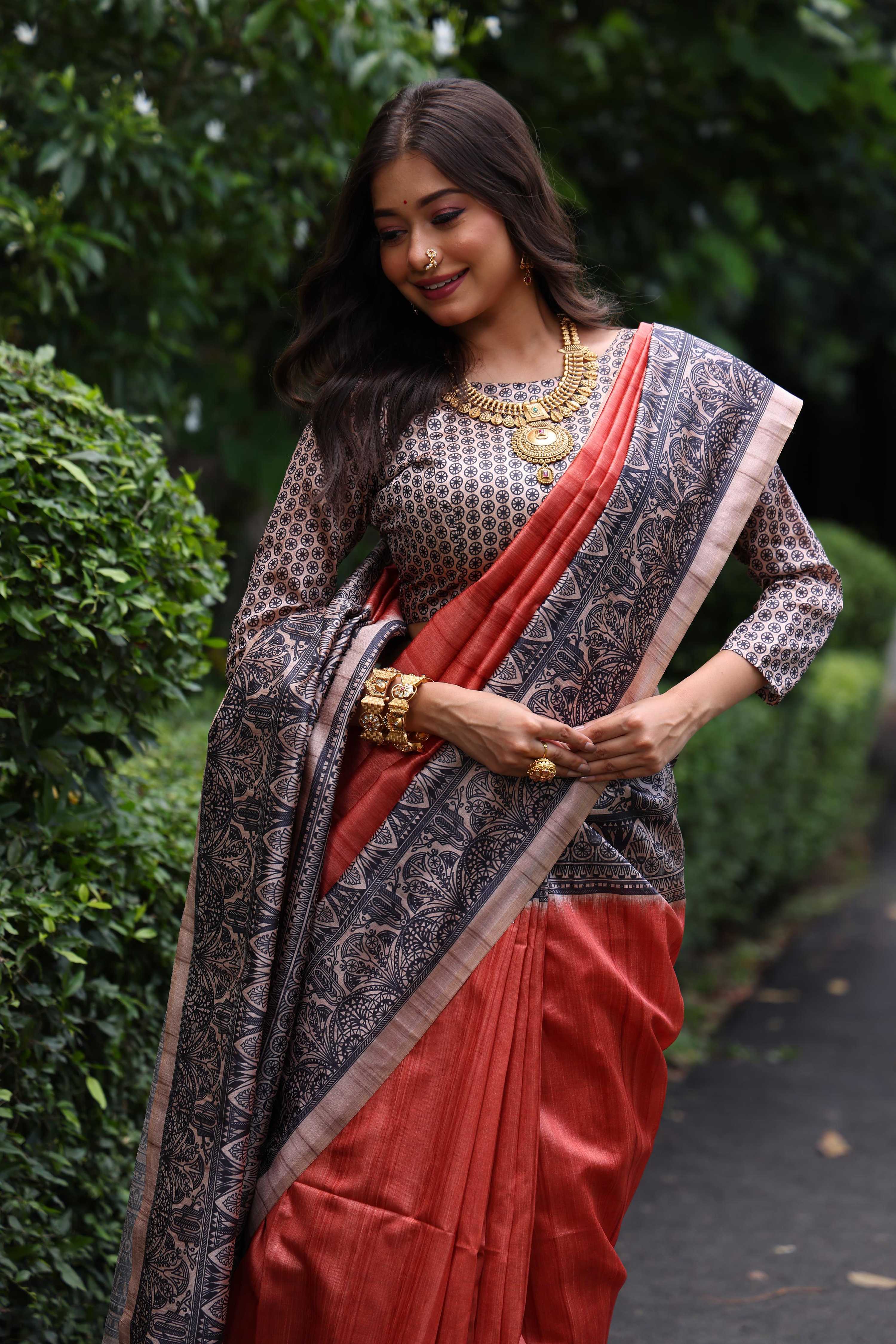 Jyoti Fashion Women's Red Soft Tussar Silk Madhubani Printed Saree with Blouse - Image 4