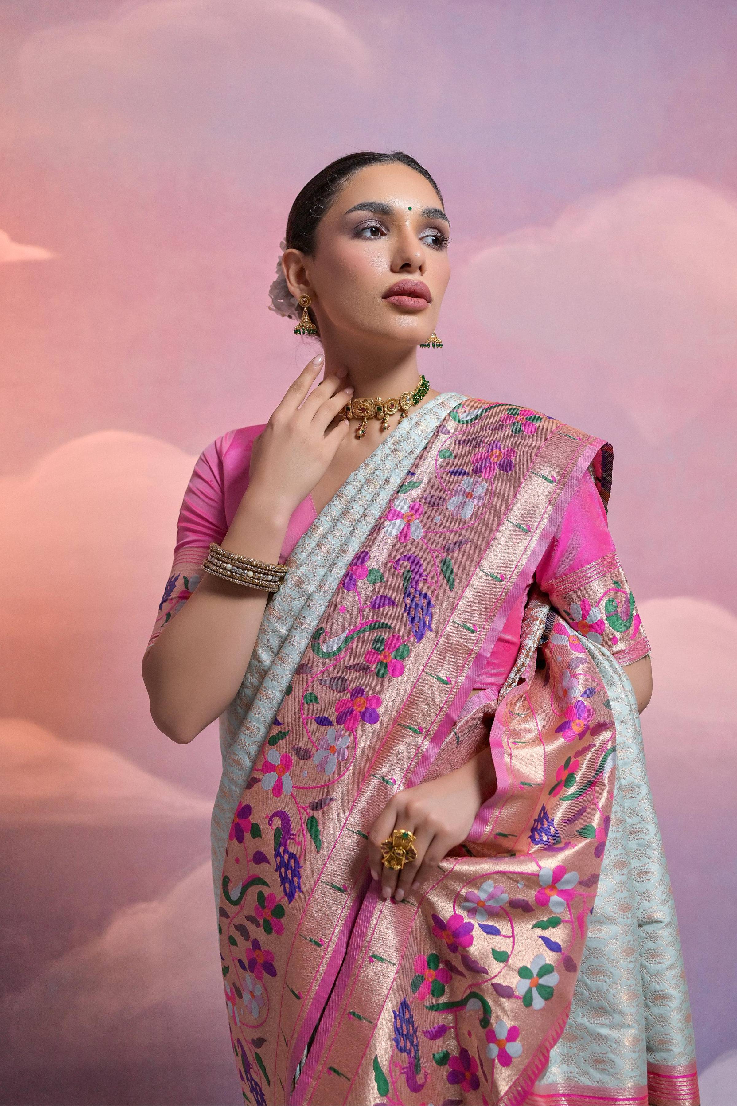 Jyoti Fashion Women's Sea Green Paithani Silk Zari Woven Saree with Blouse - Image 3