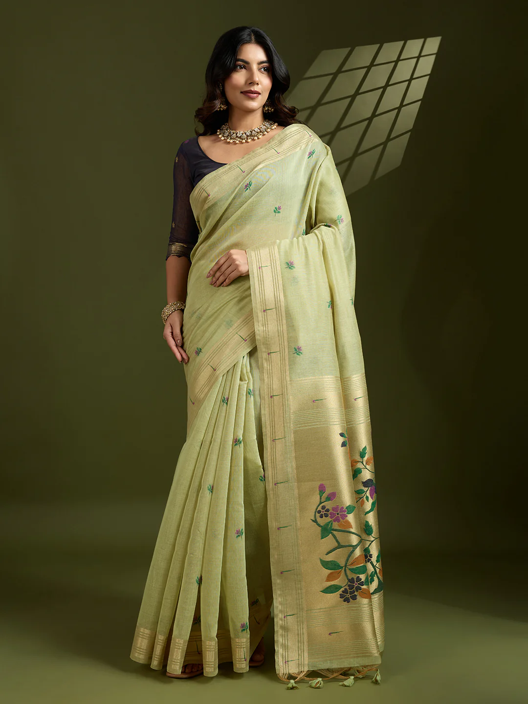 Jyoti Fashion Women's Sea Green Soft Muga Cotton Paithani Zari Woven Saree with Blouse