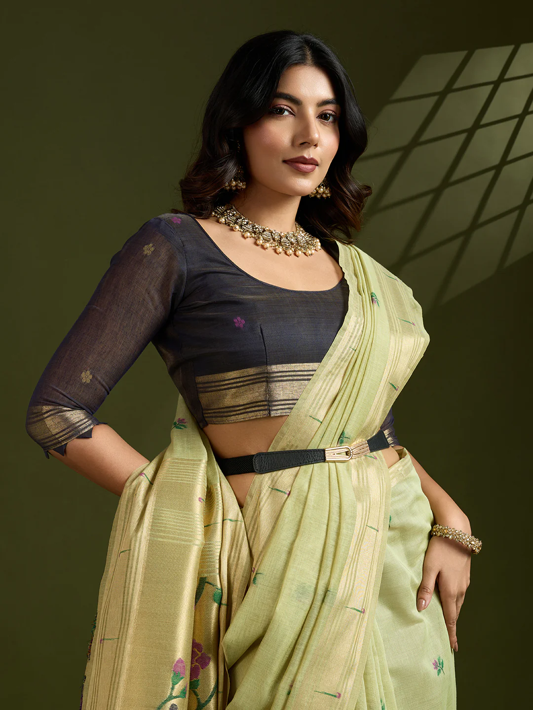 Jyoti Fashion Women's Sea Green Soft Muga Cotton Paithani Zari Woven Saree with Blouse - Image 2