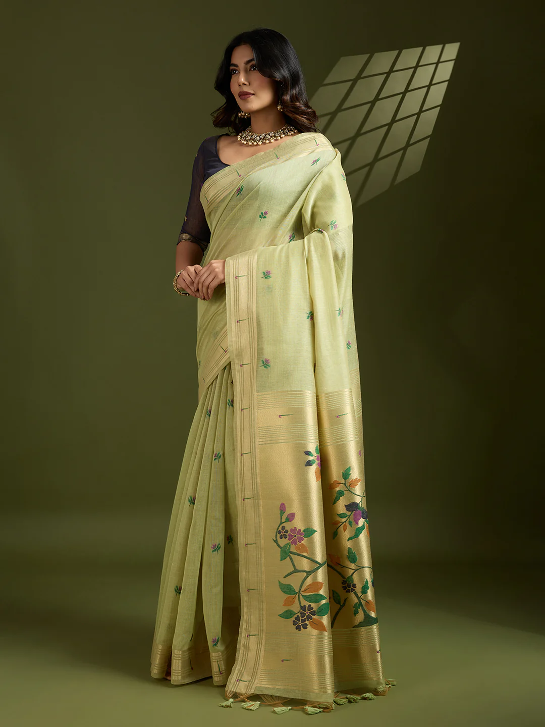 Jyoti Fashion Women's Sea Green Soft Muga Cotton Paithani Zari Woven Saree with Blouse - Image 3