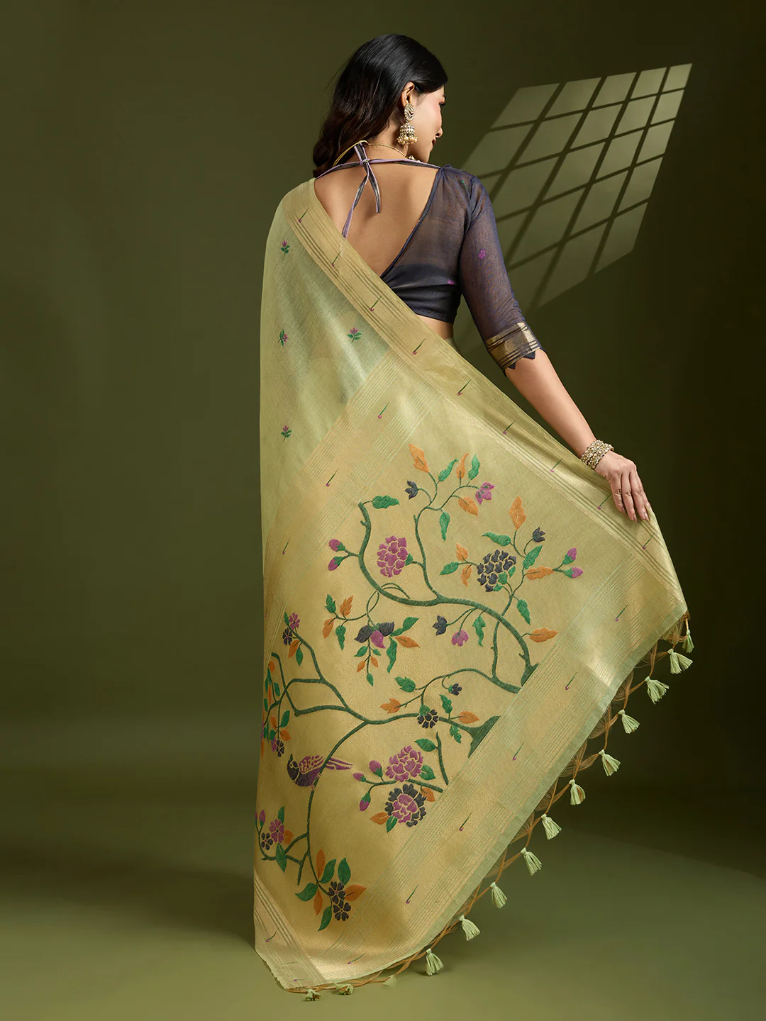 Jyoti Fashion Women's Sea Green Soft Muga Cotton Paithani Zari Woven Saree with Blouse - Image 5