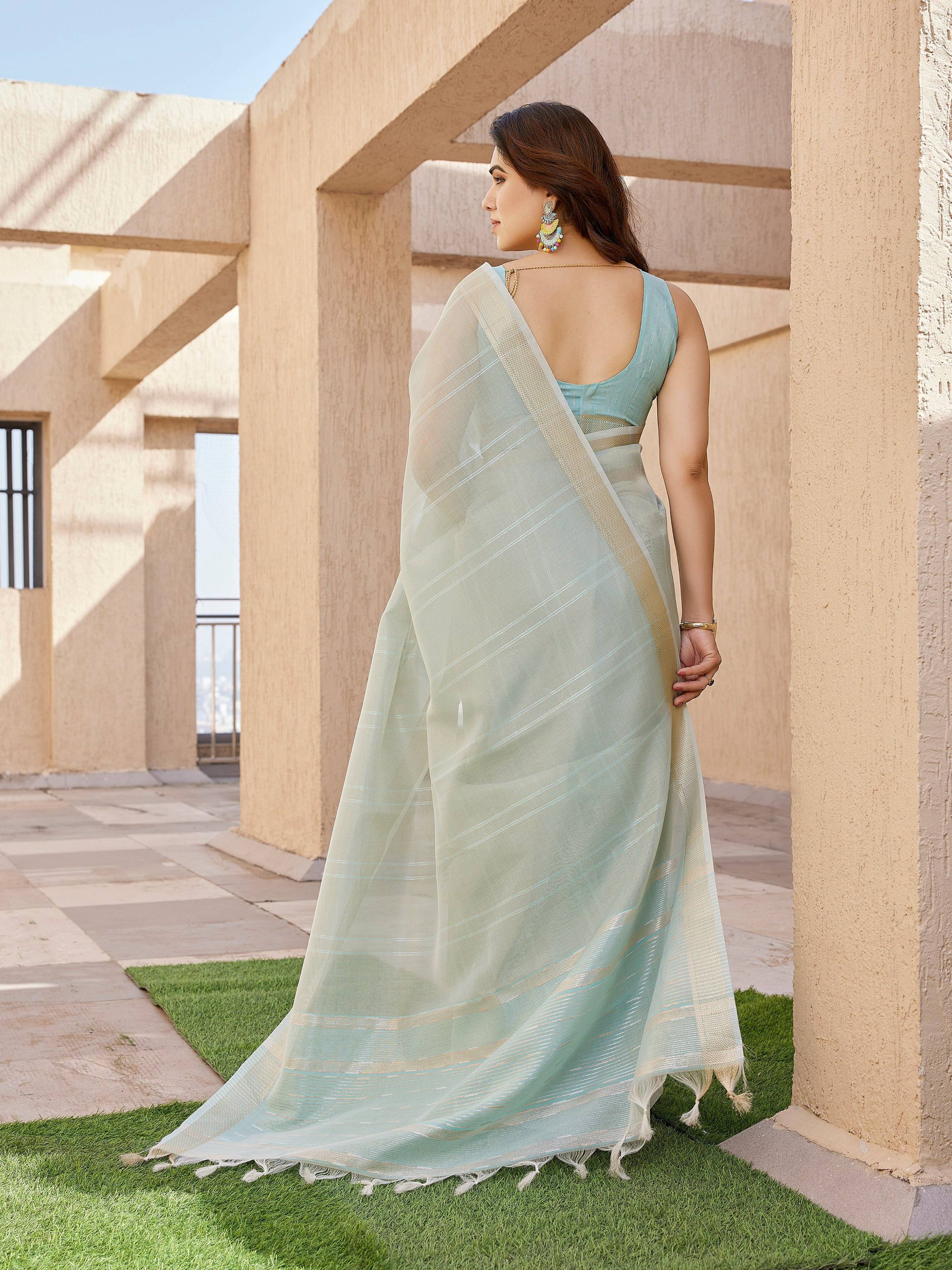 Jyoti Fashion Women's Sea Green Soft Tissue Linen Silk Zari Woven Saree with Blouse - Image 4