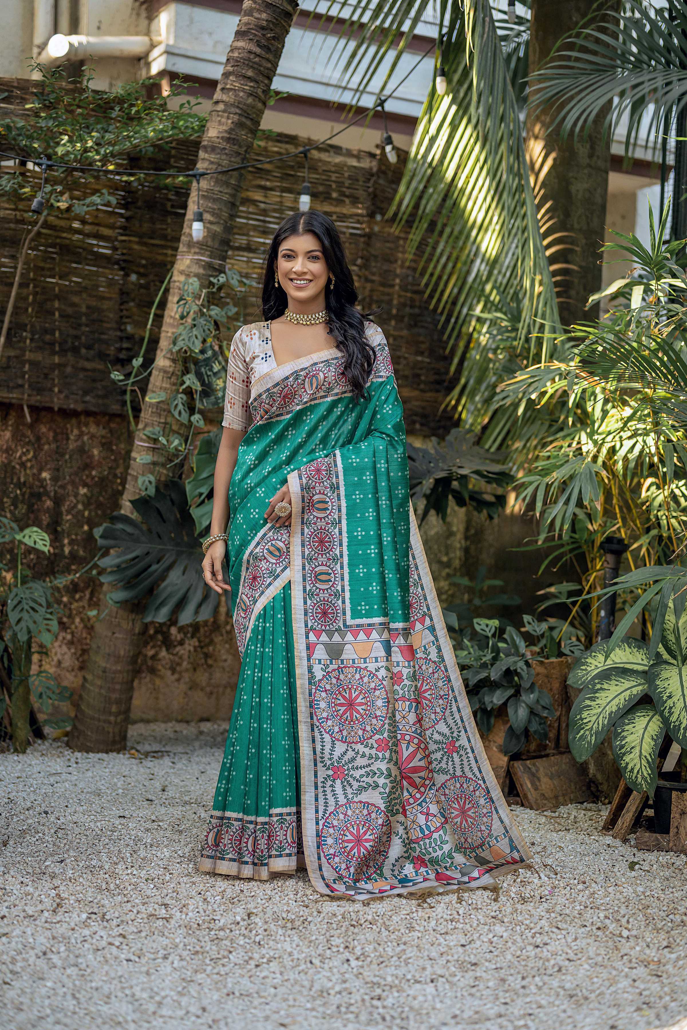 Jyoti Fashion Women's Sea Green Soft Tussar Silk Madhubani Printed Saree with Blouse - Image 2