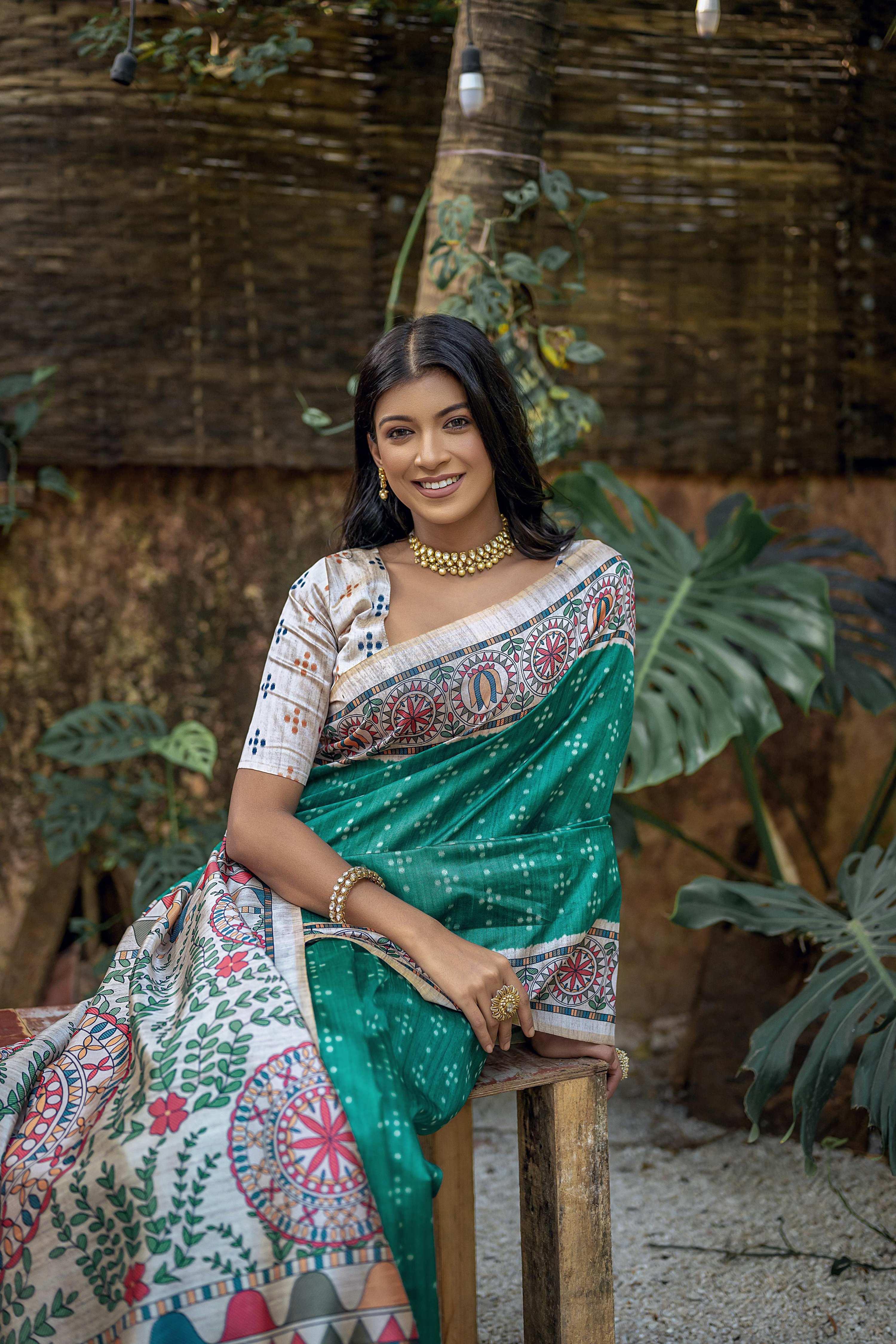 Jyoti Fashion Women's Sea Green Soft Tussar Silk Madhubani Printed Saree with Blouse - Image 3
