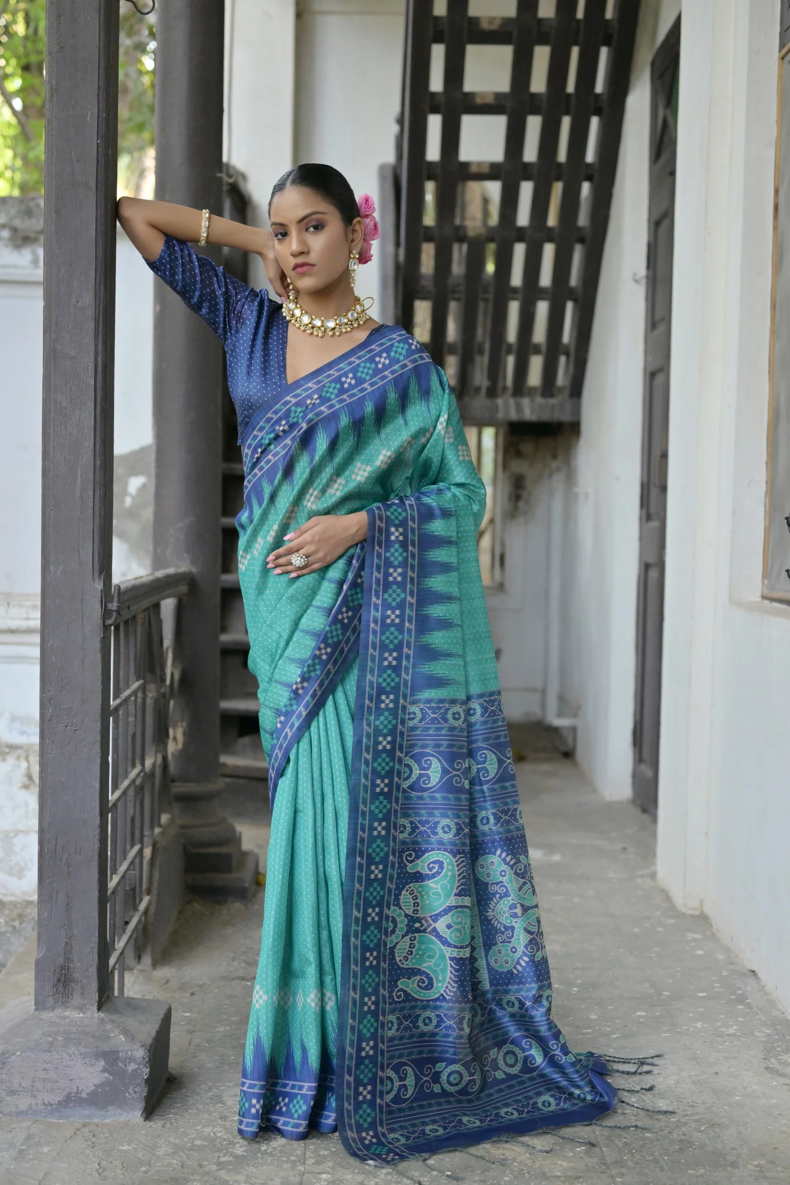 Jyoti Fashion Women's Sea Green Soft Tussar Silk Temple Border Saree with Blouse