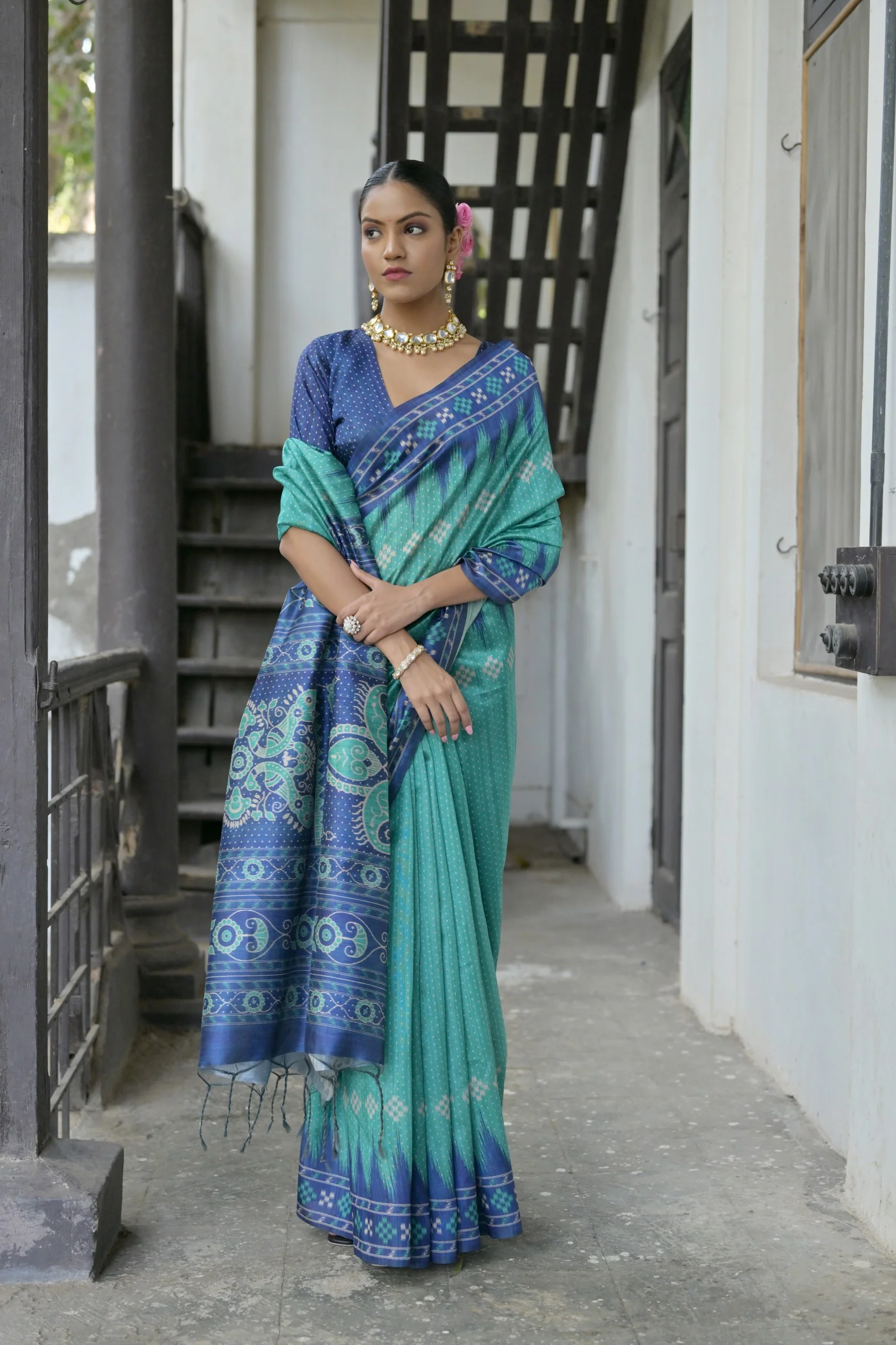 Jyoti Fashion Women's Sea Green Soft Tussar Silk Temple Border Saree with Blouse - Image 2