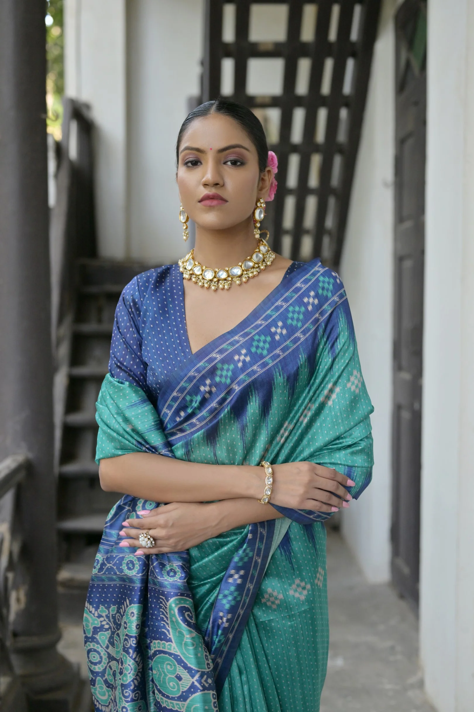 Jyoti Fashion Women's Sea Green Soft Tussar Silk Temple Border Saree with Blouse - Image 3