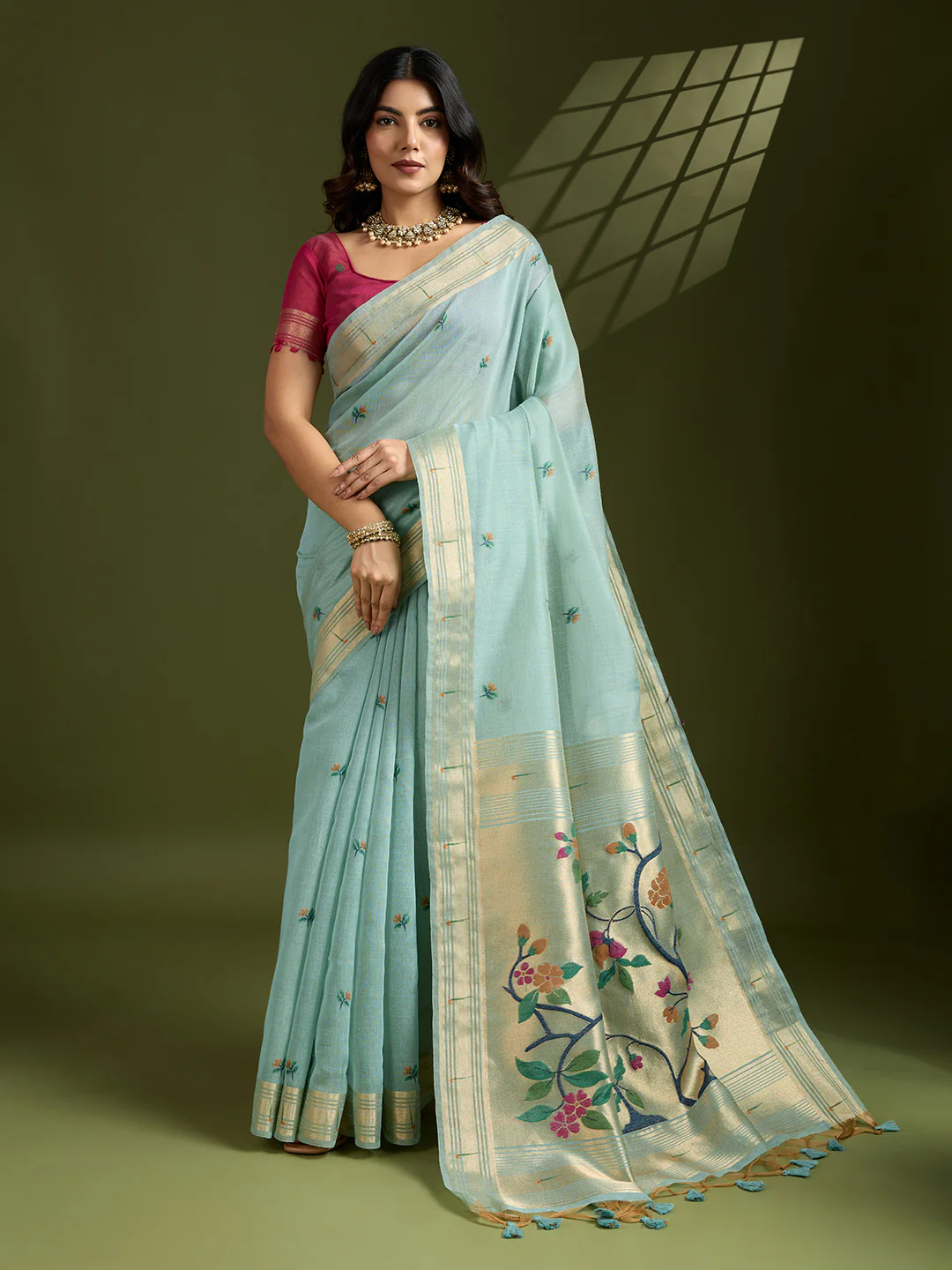 Jyoti Fashion Women's Sky Blue Soft Muga Cotton Paithani Zari Woven Saree with Blouse