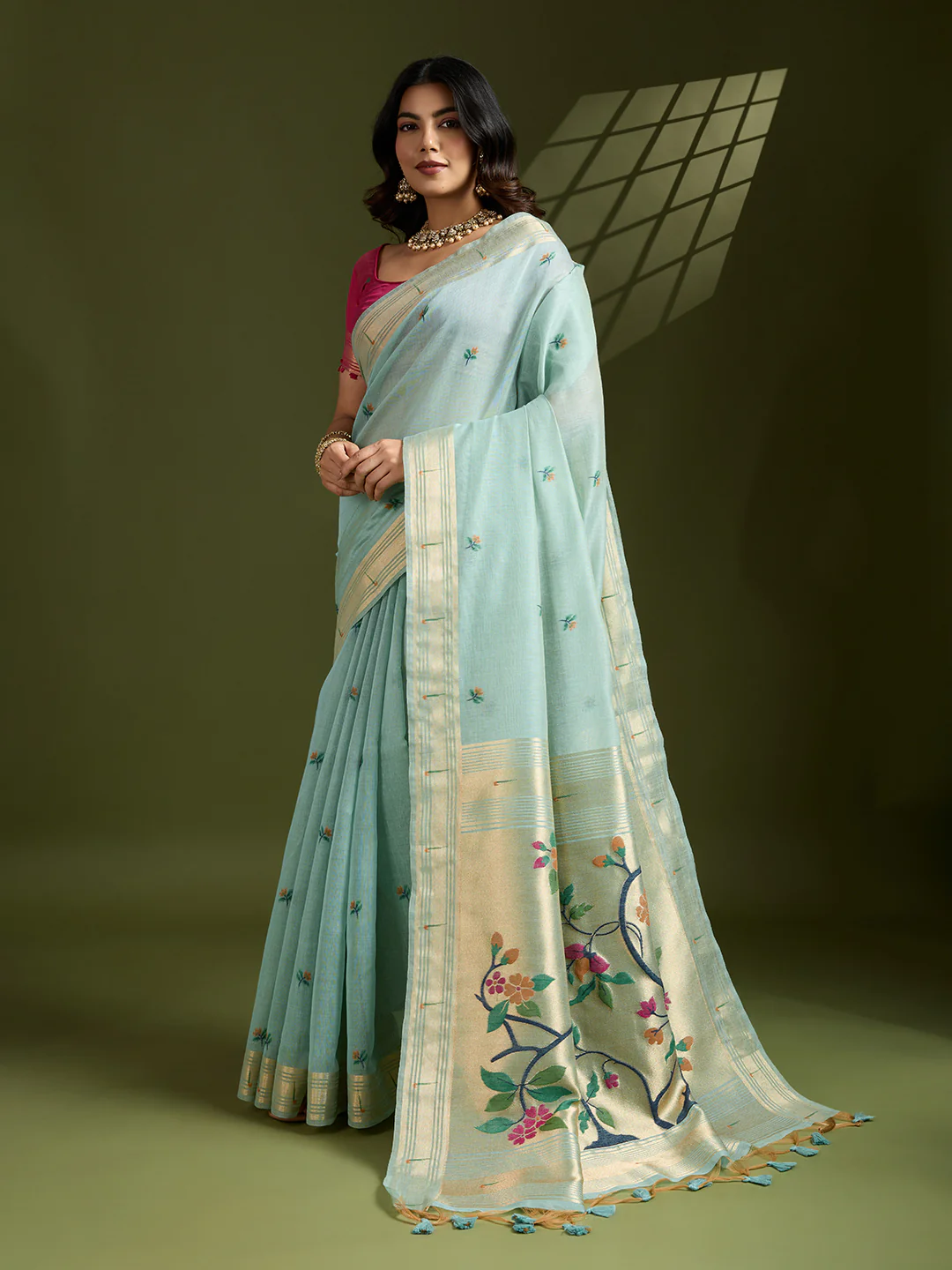 Jyoti Fashion Women's Sky Blue Soft Muga Cotton Paithani Zari Woven Saree with Blouse - Image 2
