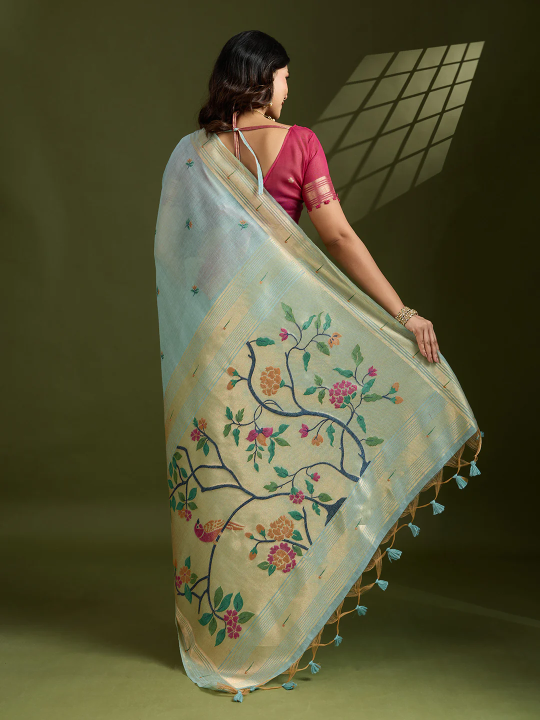 Jyoti Fashion Women's Sky Blue Soft Muga Cotton Paithani Zari Woven Saree with Blouse - Image 5