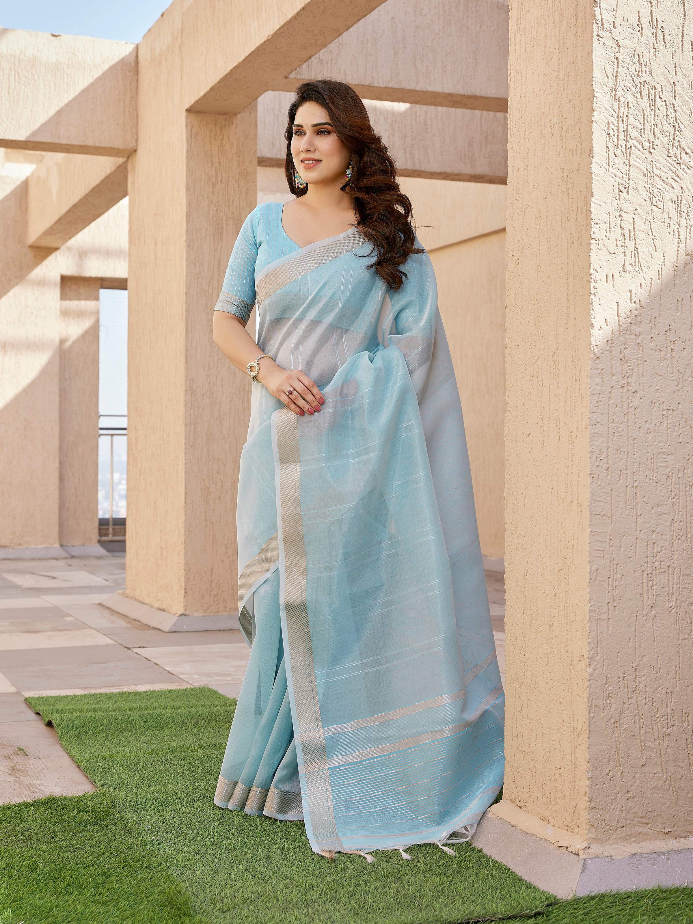 Jyoti Fashion Women's Sky Blue Soft Tissue Linen Silk Zari Woven Saree with Blouse - Image 2