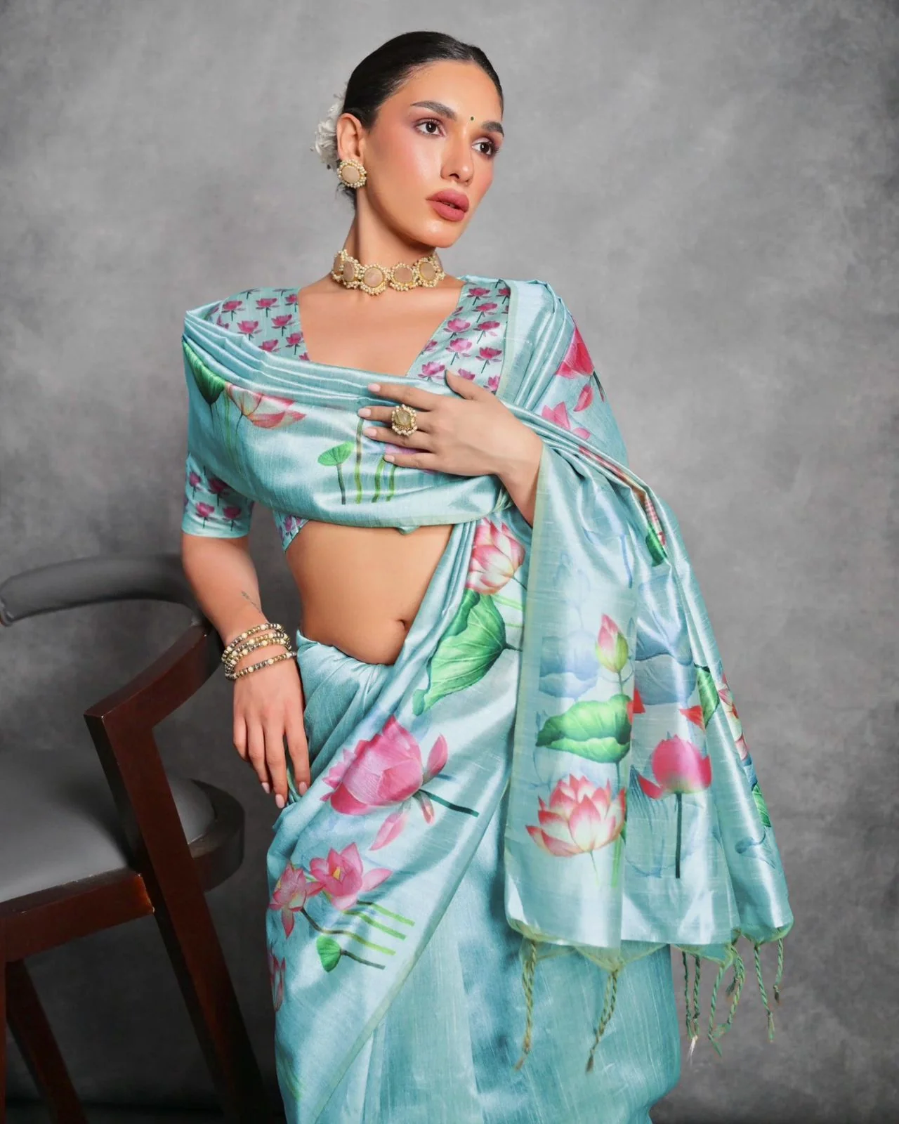 Jyoti Fashion Women's Sky Blue Soft Tussar Silk Floral Printed Saree with Blouse - Image 2