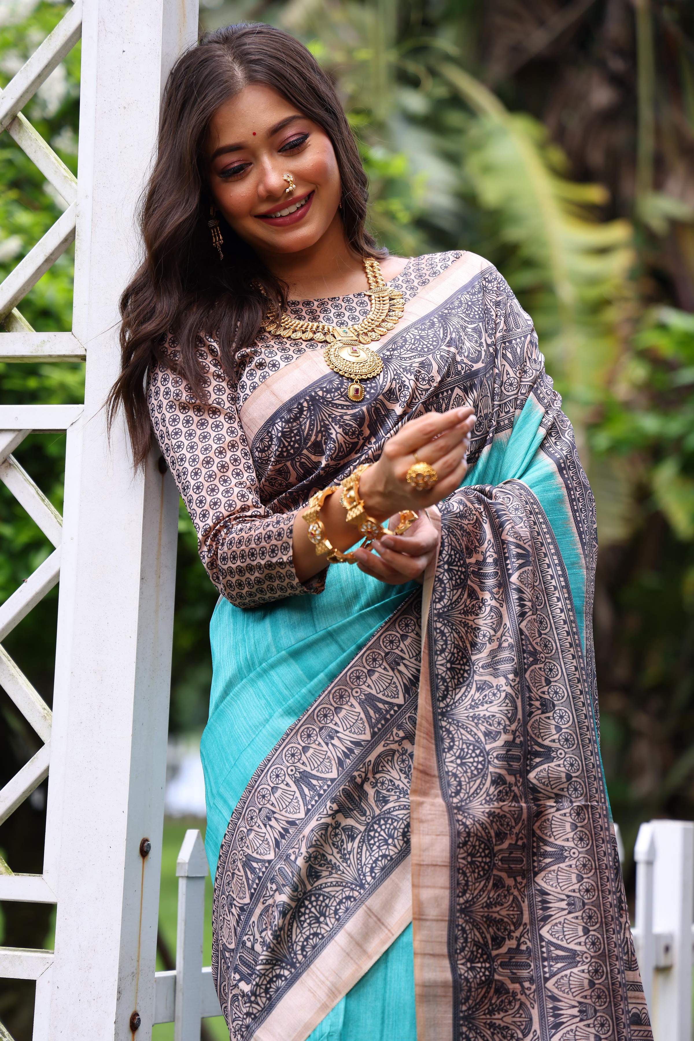Jyoti Fashion Women's Sky Blue Soft Tussar Silk Madhubani Printed Saree with Blouse - Image 2