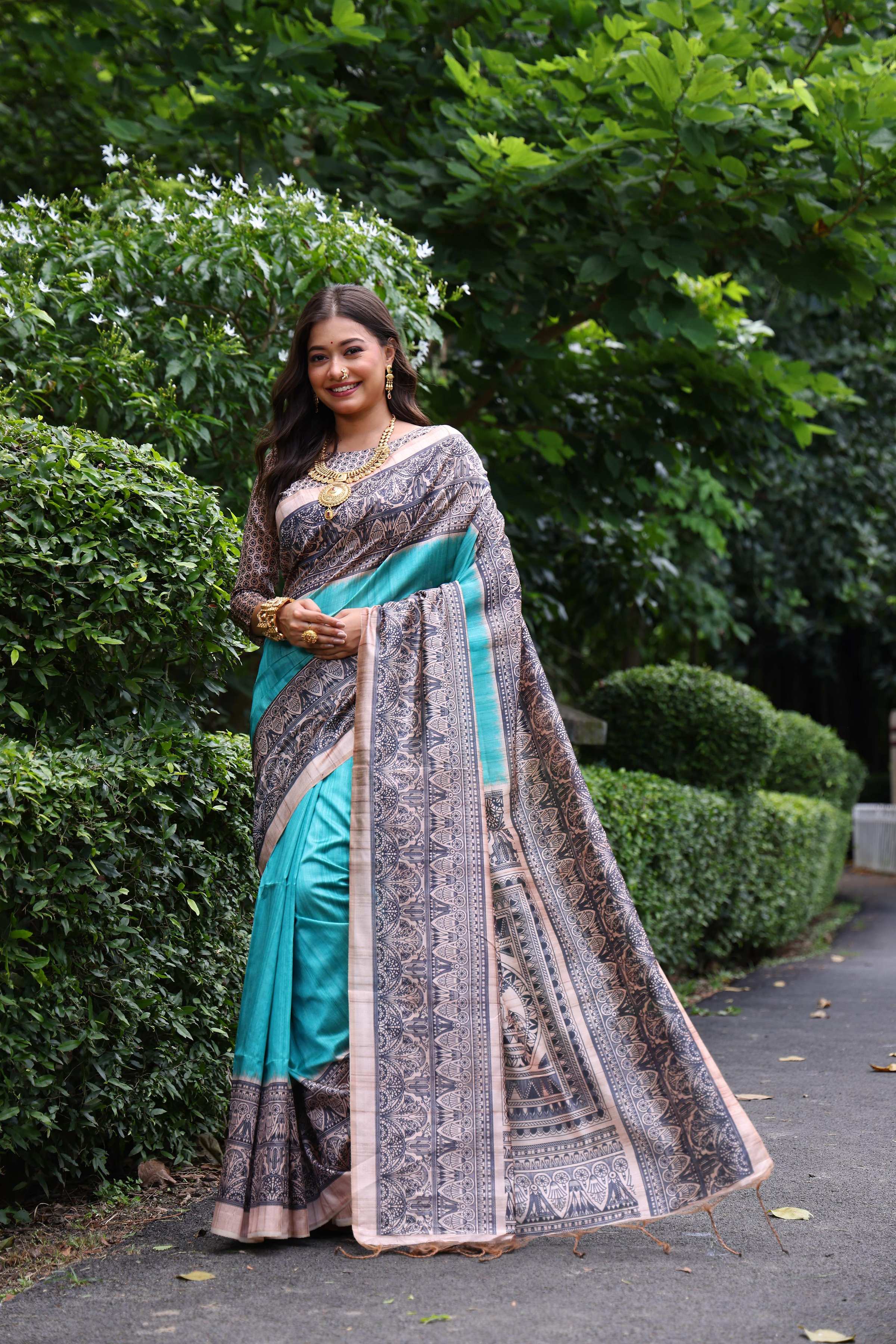 Jyoti Fashion Women's Sky Blue Soft Tussar Silk Madhubani Printed Saree with Blouse - Image 3