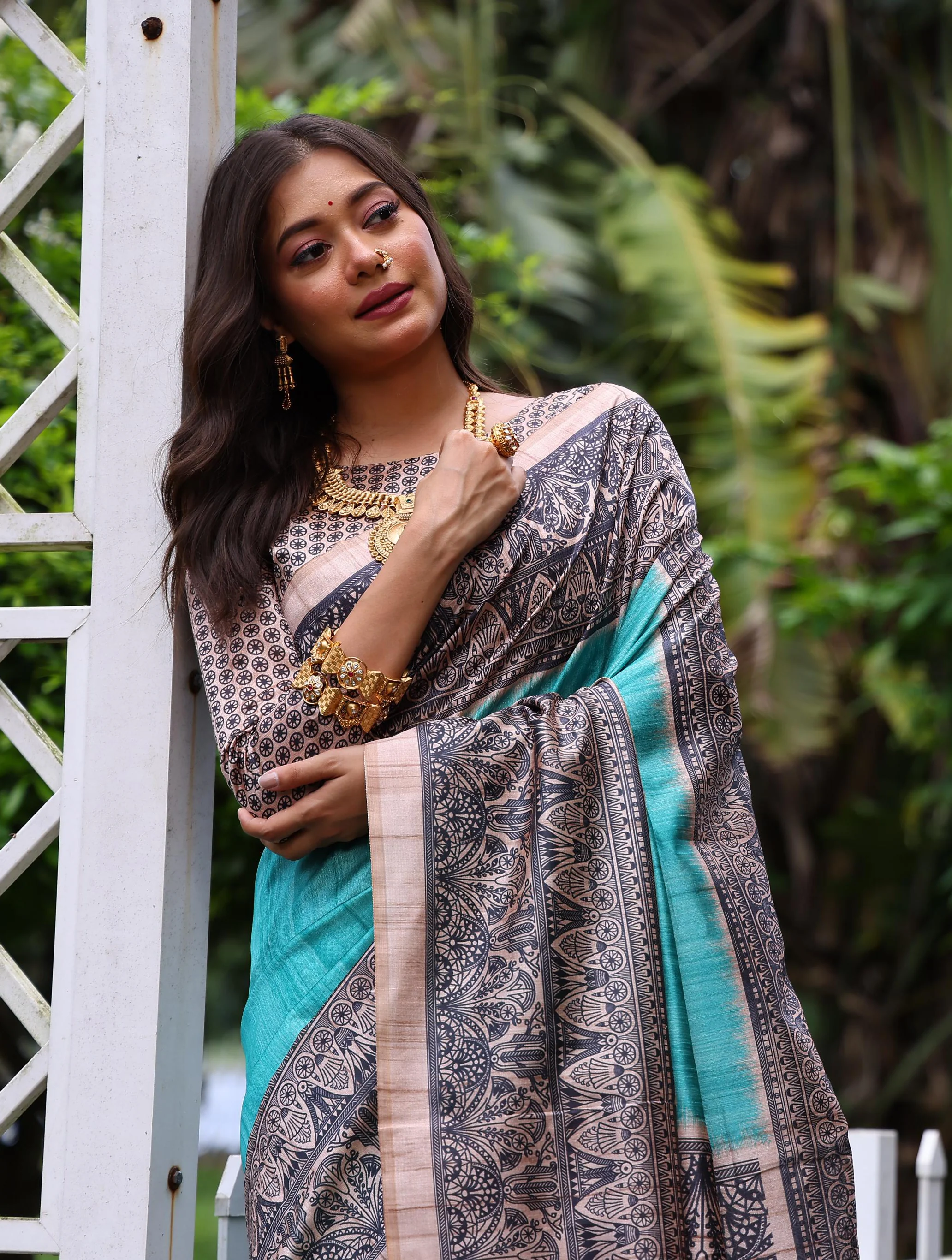 Jyoti Fashion Women's Sky Blue Soft Tussar Silk Madhubani Printed Saree with Blouse - Image 4