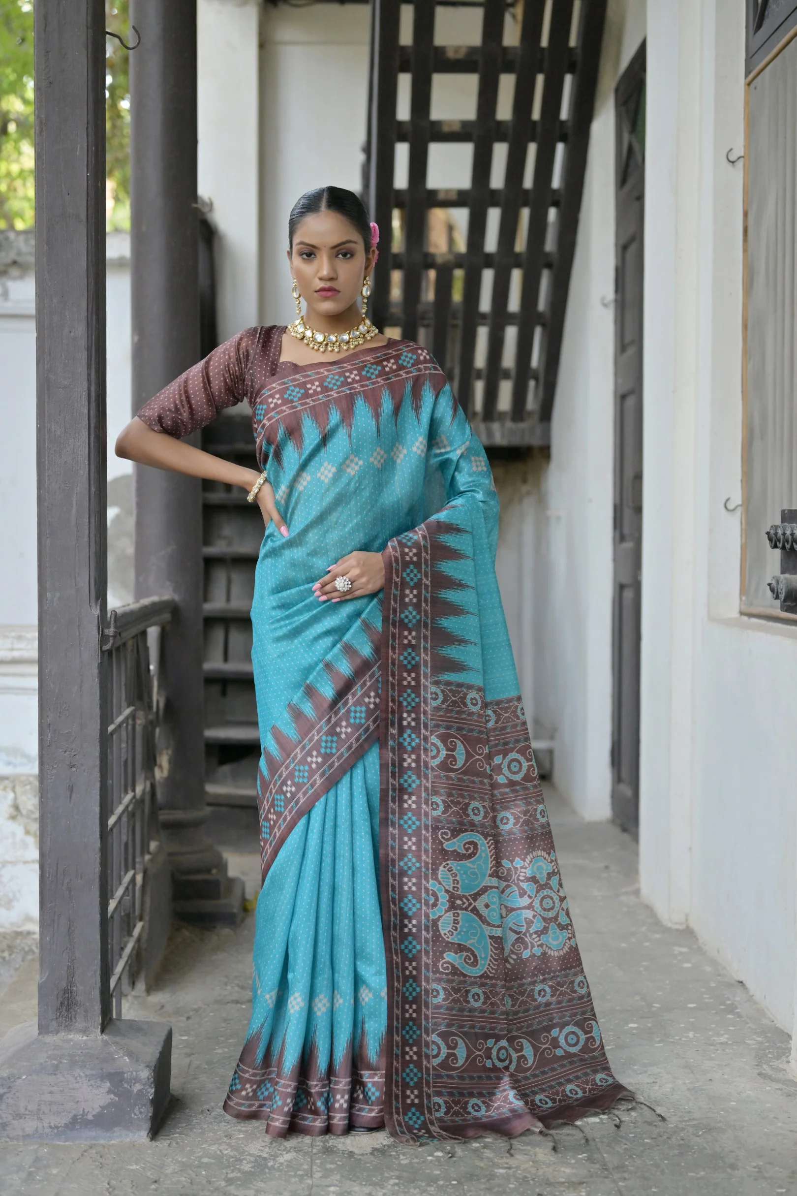 Jyoti Fashion Women's Sky Blue Soft Tussar Silk Temple Border Saree with Blouse
