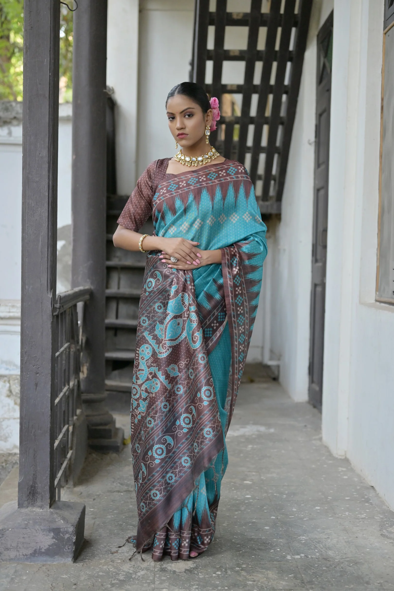 Jyoti Fashion Women's Sky Blue Soft Tussar Silk Temple Border Saree with Blouse - Image 2