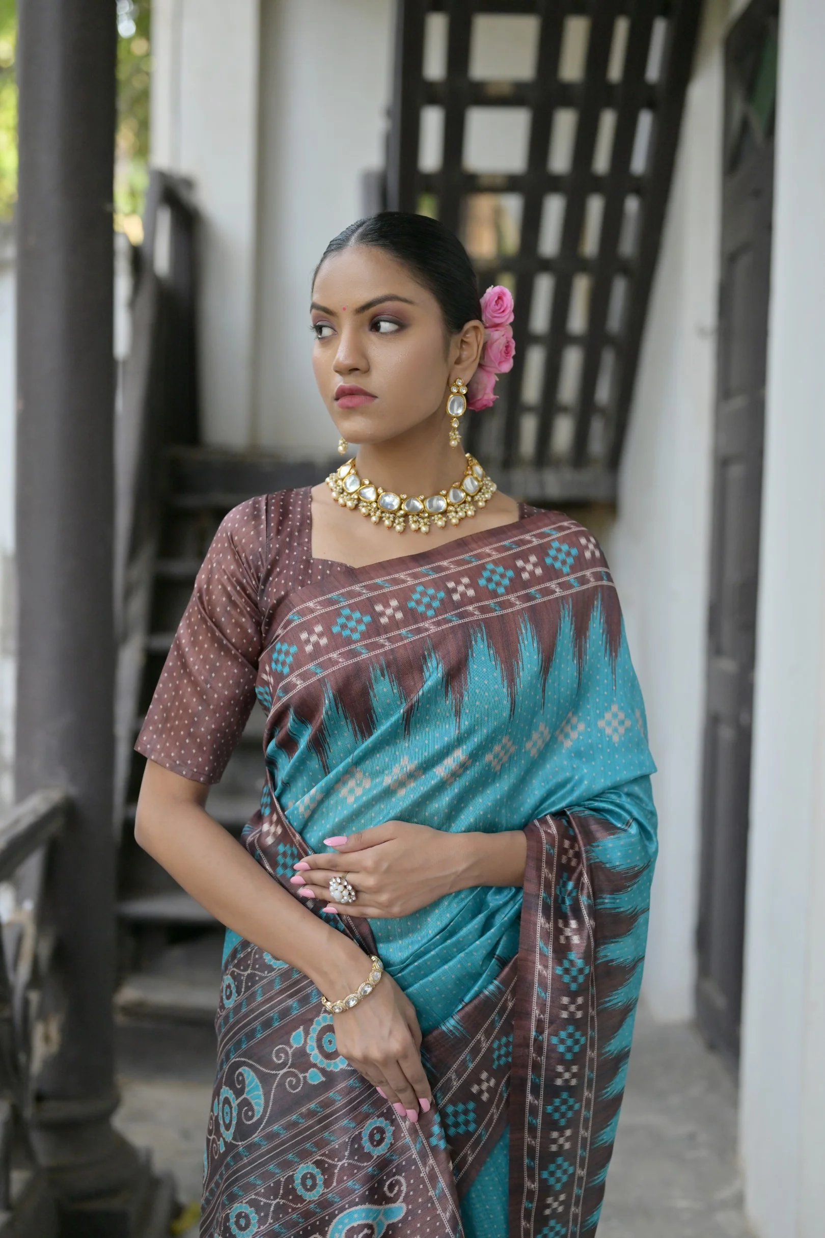 Jyoti Fashion Women's Sky Blue Soft Tussar Silk Temple Border Saree with Blouse - Image 3