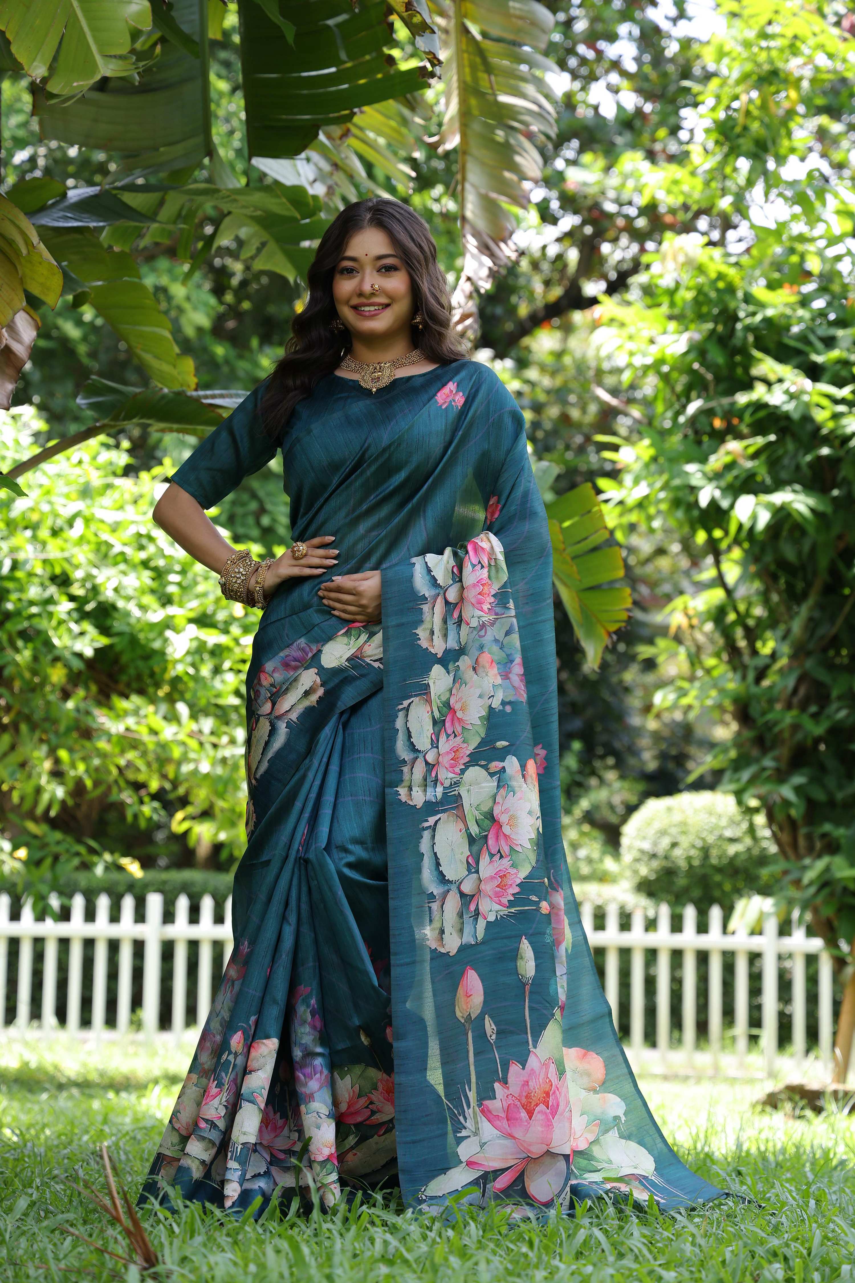 Jyoti Fashion Women's Teal Soft Tussar Silk Floral Printed Saree with Blouse