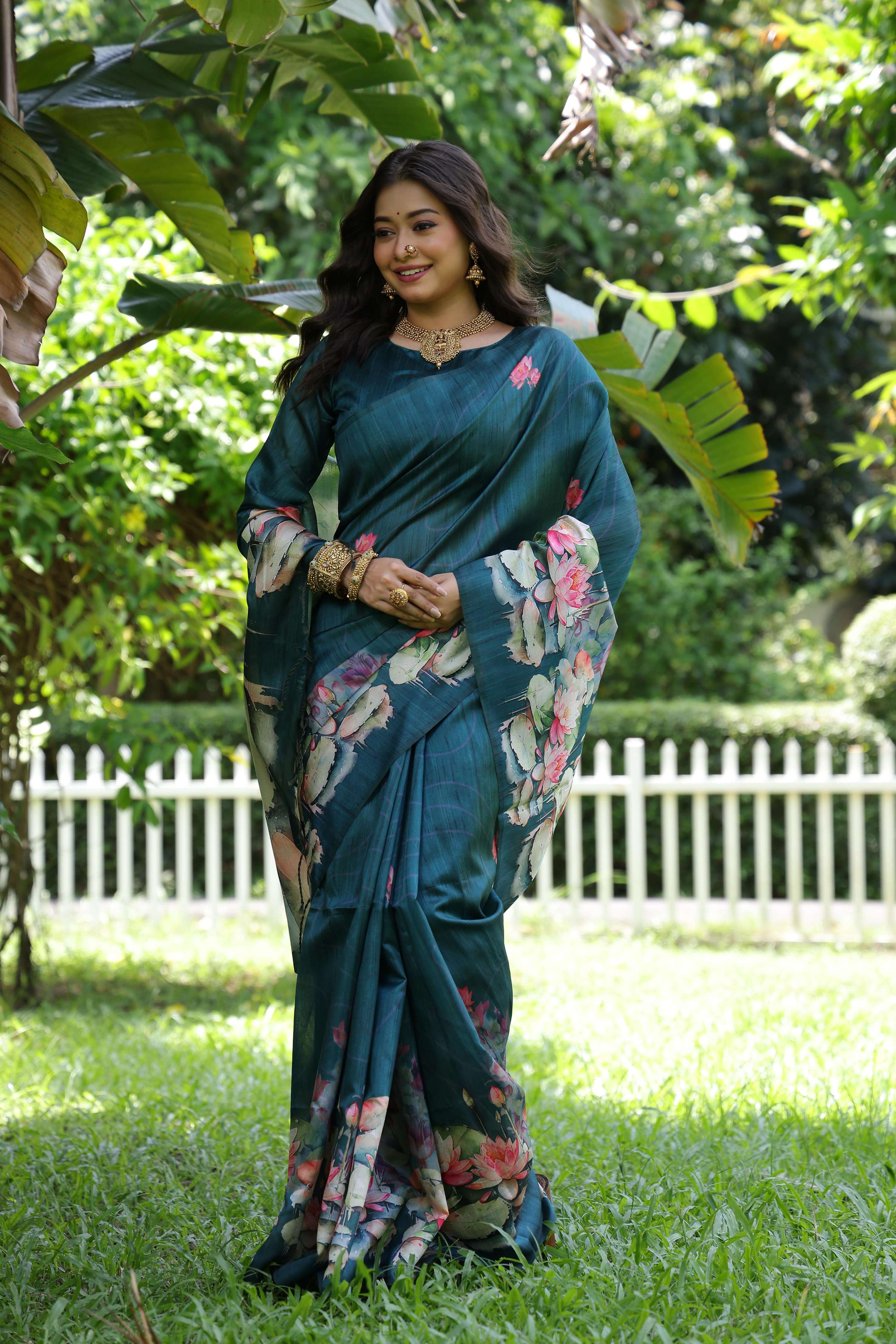 Jyoti Fashion Women's Teal Soft Tussar Silk Floral Printed Saree with Blouse - Image 2