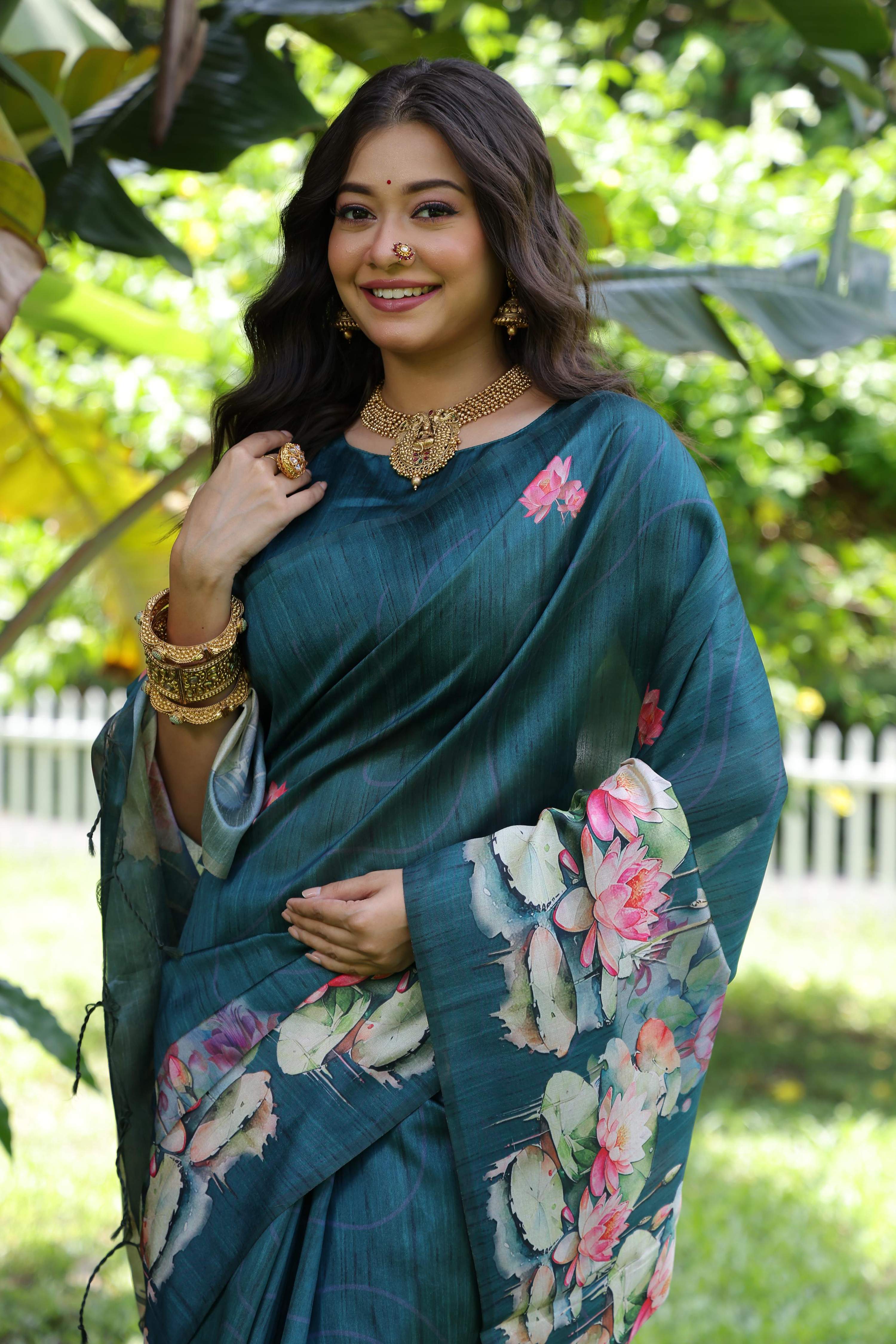 Jyoti Fashion Women's Teal Soft Tussar Silk Floral Printed Saree with Blouse - Image 3