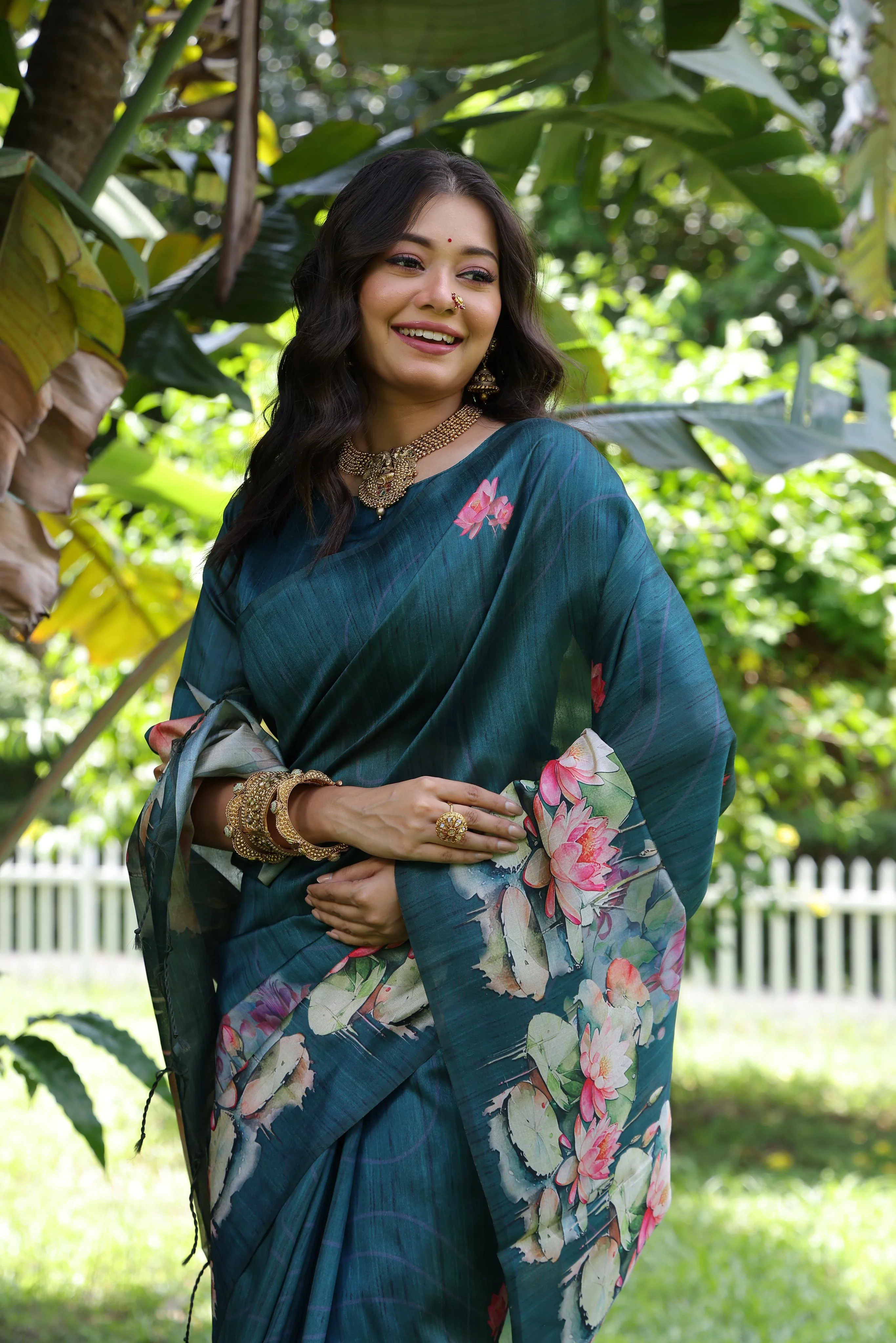 Jyoti Fashion Women's Teal Soft Tussar Silk Floral Printed Saree with Blouse - Image 4