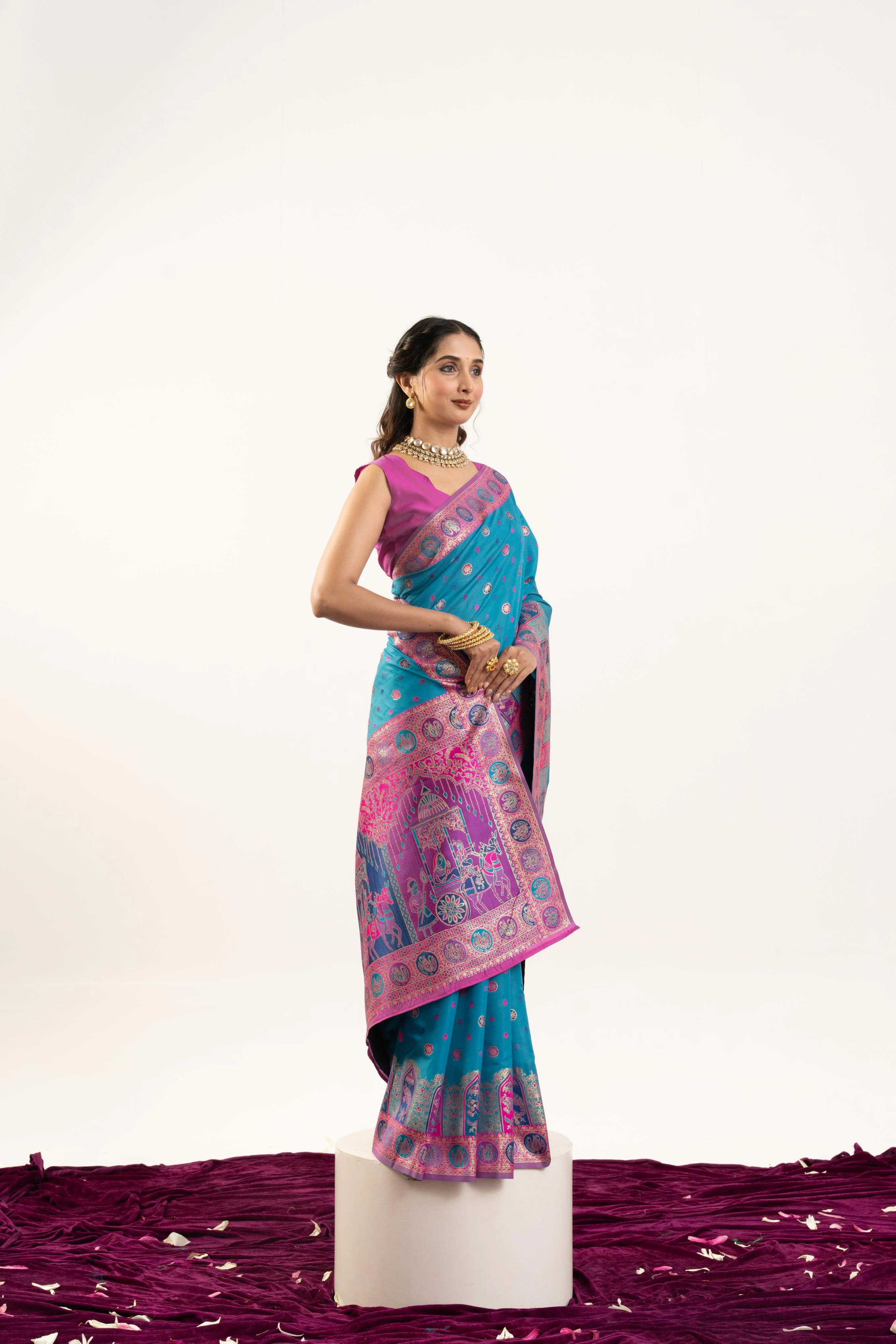 Jyoti Fashion Women's Turquoise Banarasi Pashmina Soft Silk Zari Woven Saree with Blouse - Image 2