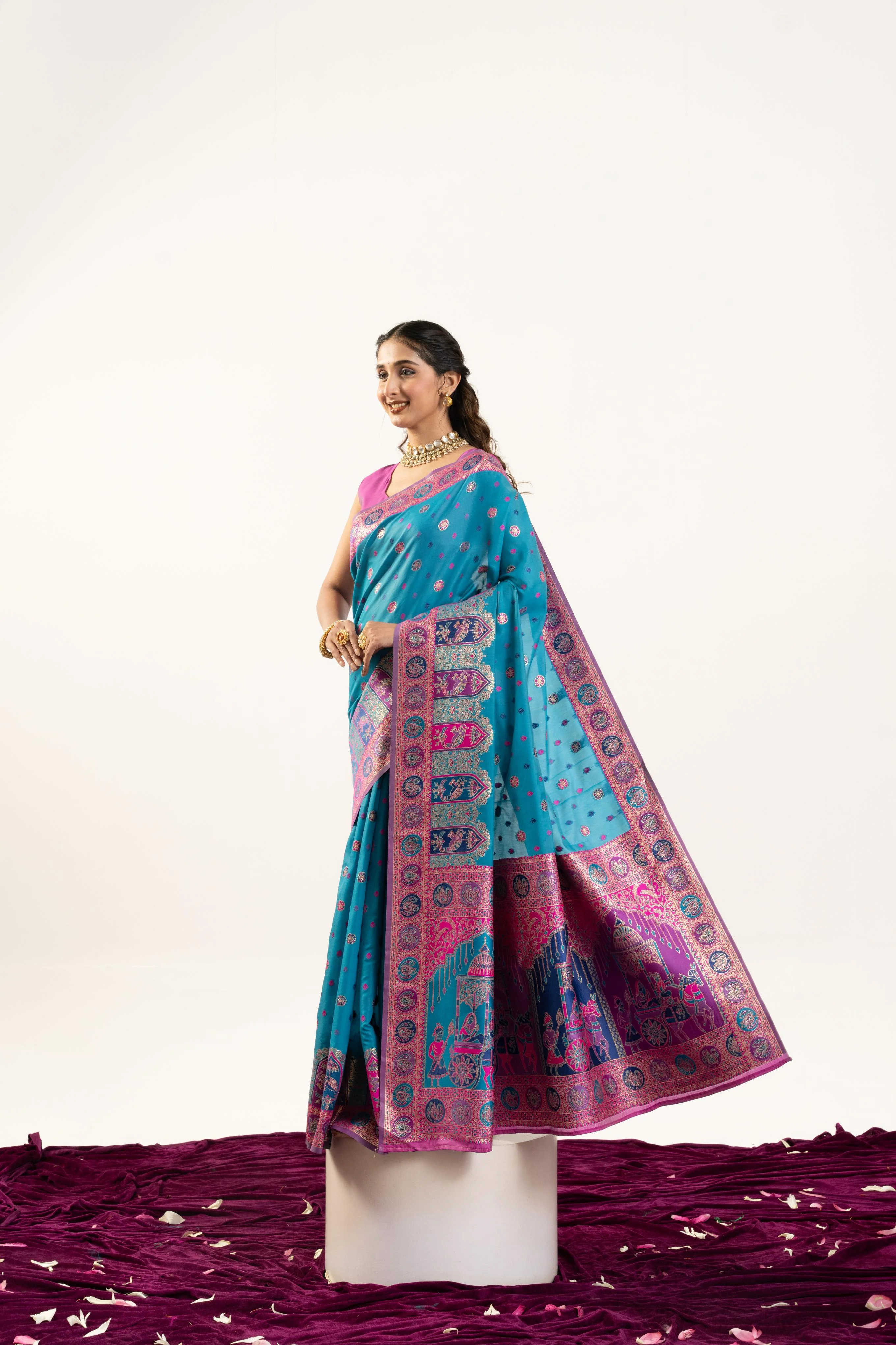 Jyoti Fashion Women's Turquoise Banarasi Pashmina Soft Silk Zari Woven Saree with Blouse - Image 3