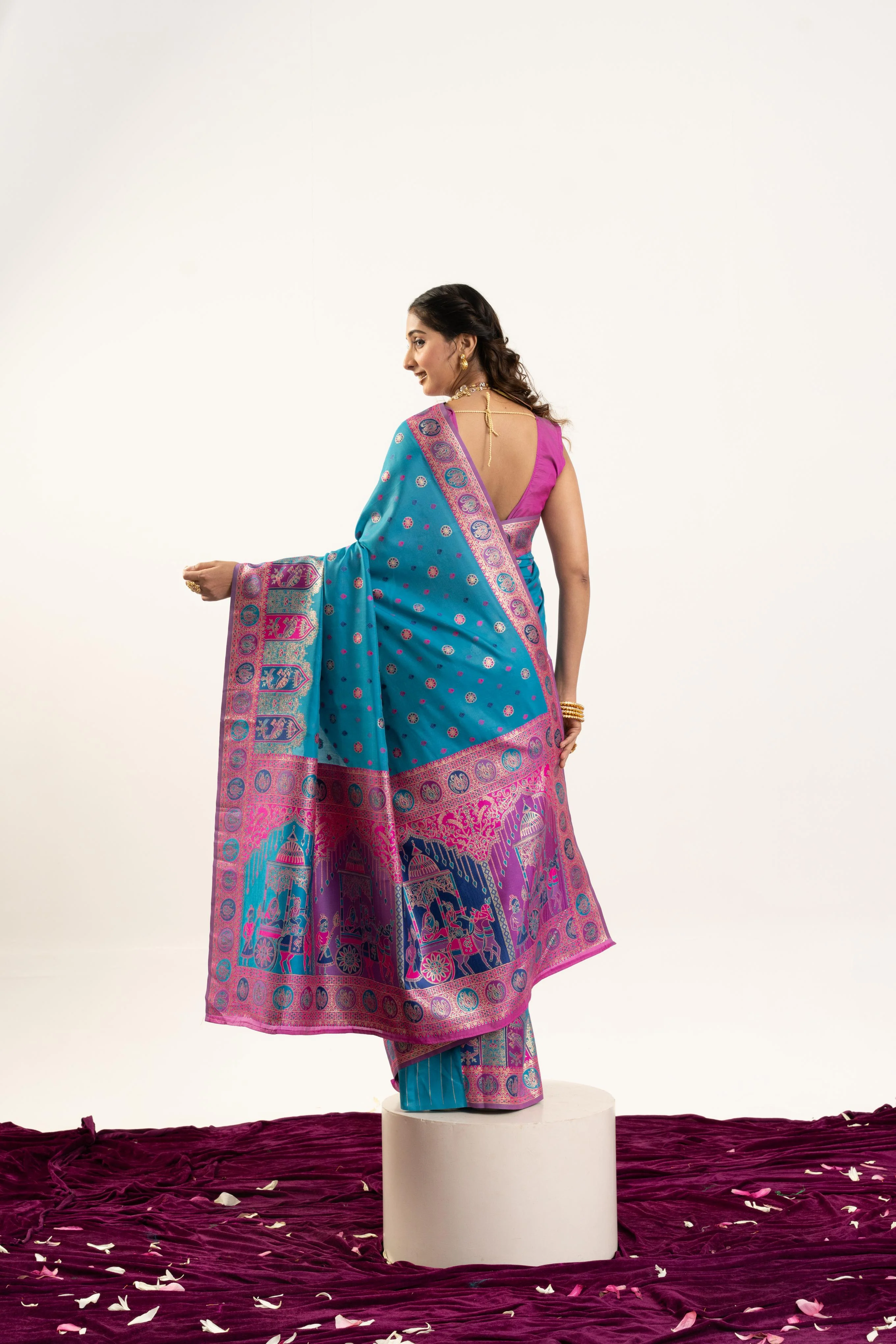 Jyoti Fashion Women's Turquoise Banarasi Pashmina Soft Silk Zari Woven Saree with Blouse - Image 5