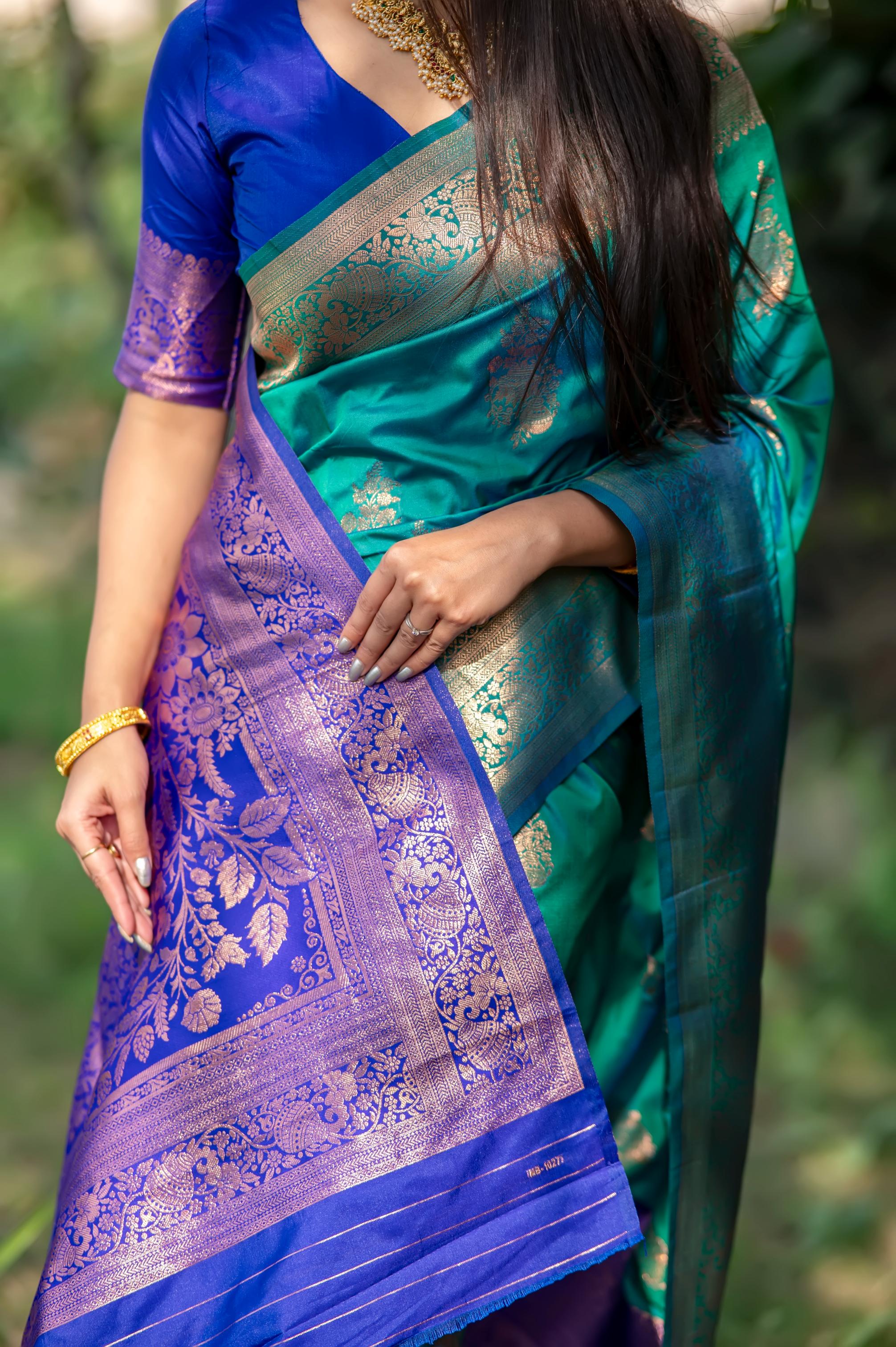 Jyoti Fashion Women's Turquoise Soft Banarasi Silk Zari Woven Saree with Blouse - Image 4