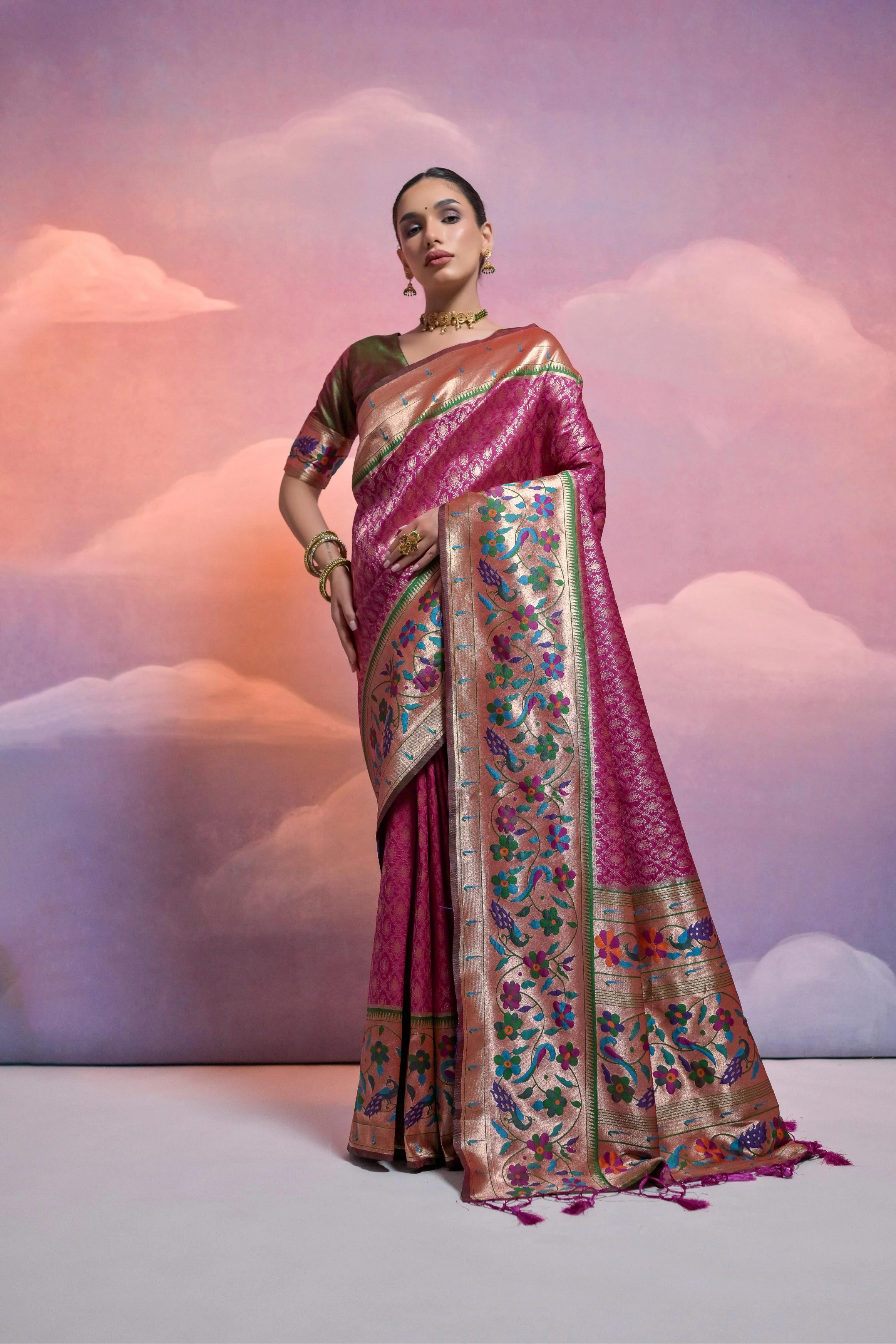 Jyoti Fashion Women's Wine Paithani Silk Zari Woven Saree with Blouse