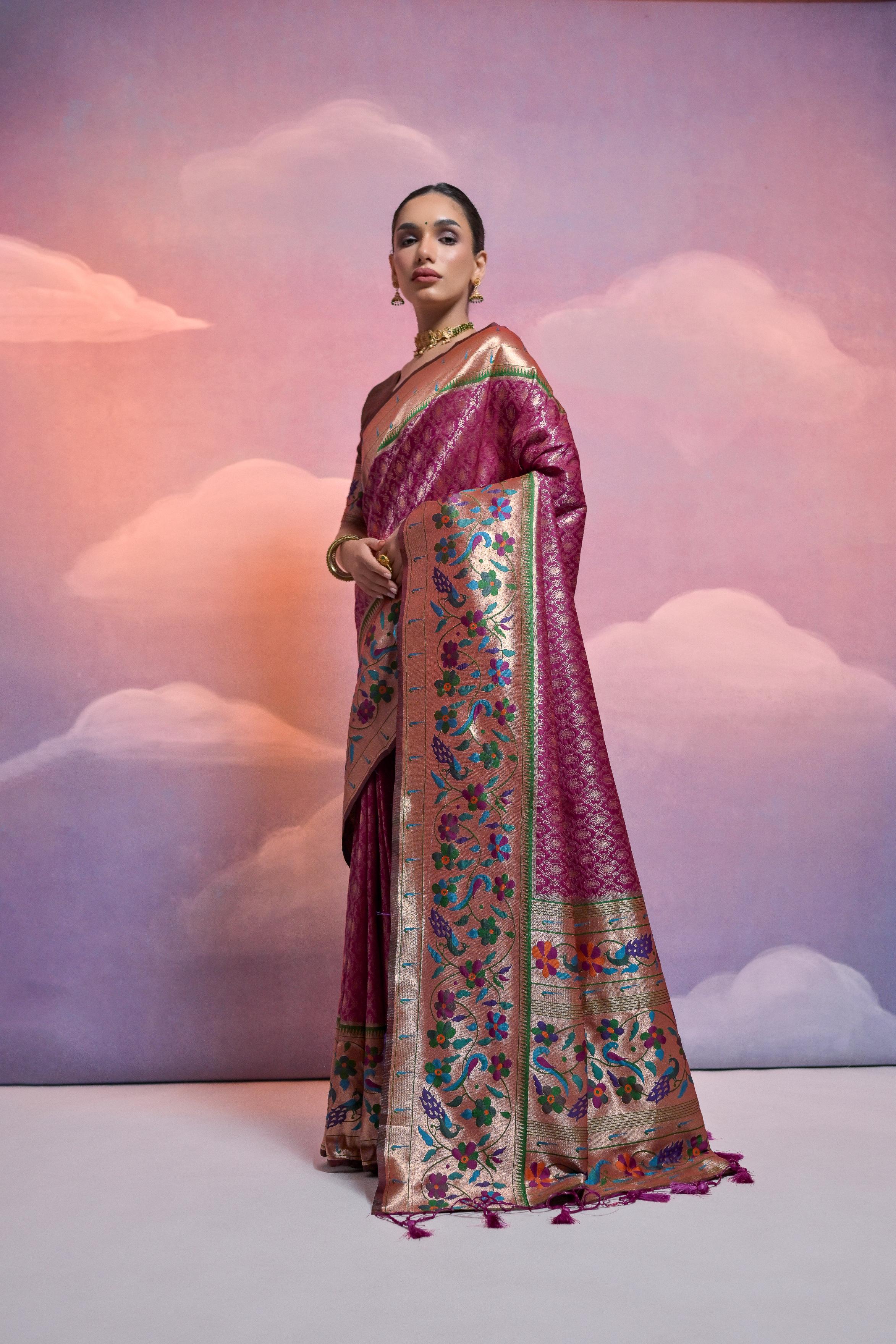 Jyoti Fashion Women's Wine Paithani Silk Zari Woven Saree with Blouse - Image 2