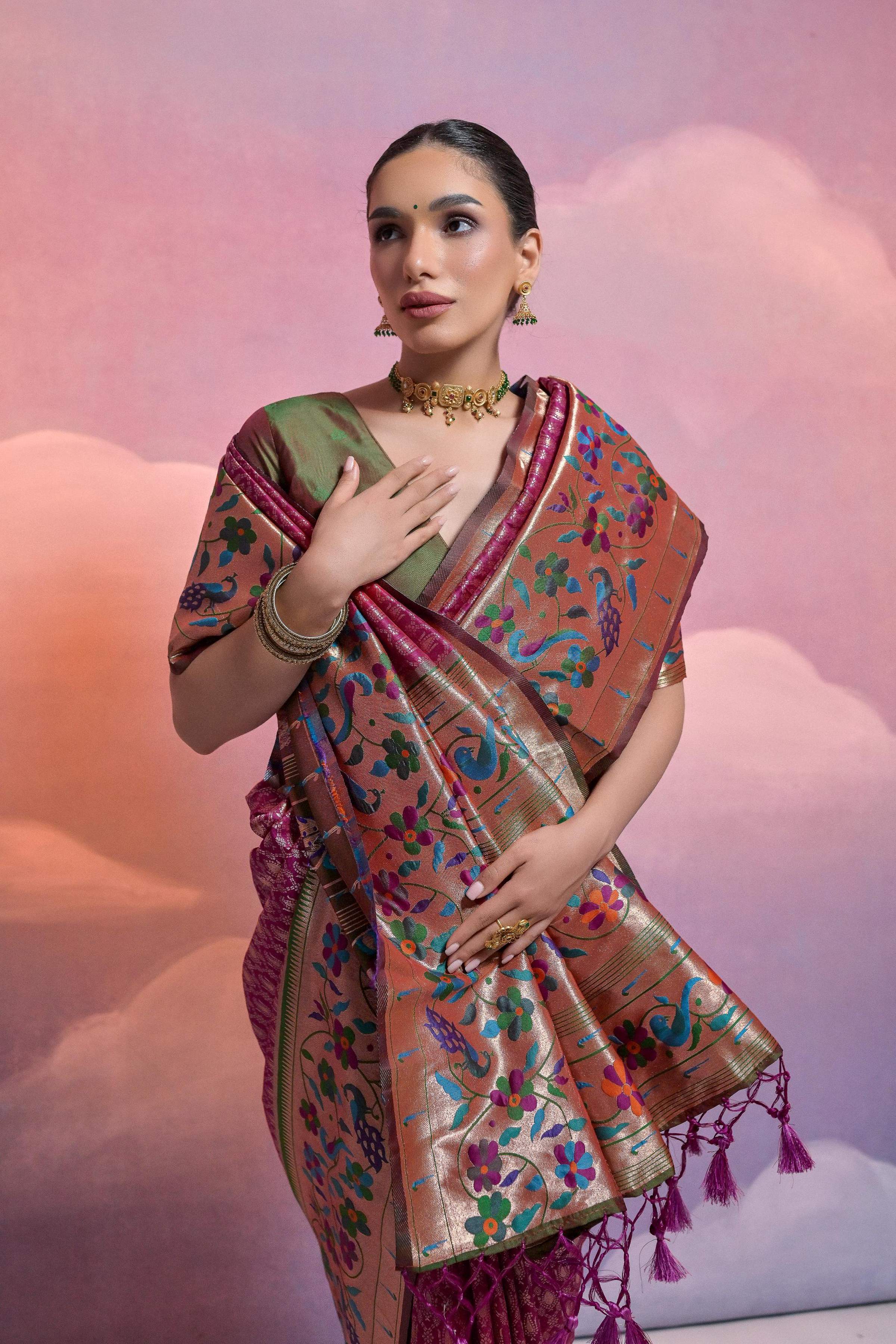 Jyoti Fashion Women's Wine Paithani Silk Zari Woven Saree with Blouse - Image 3
