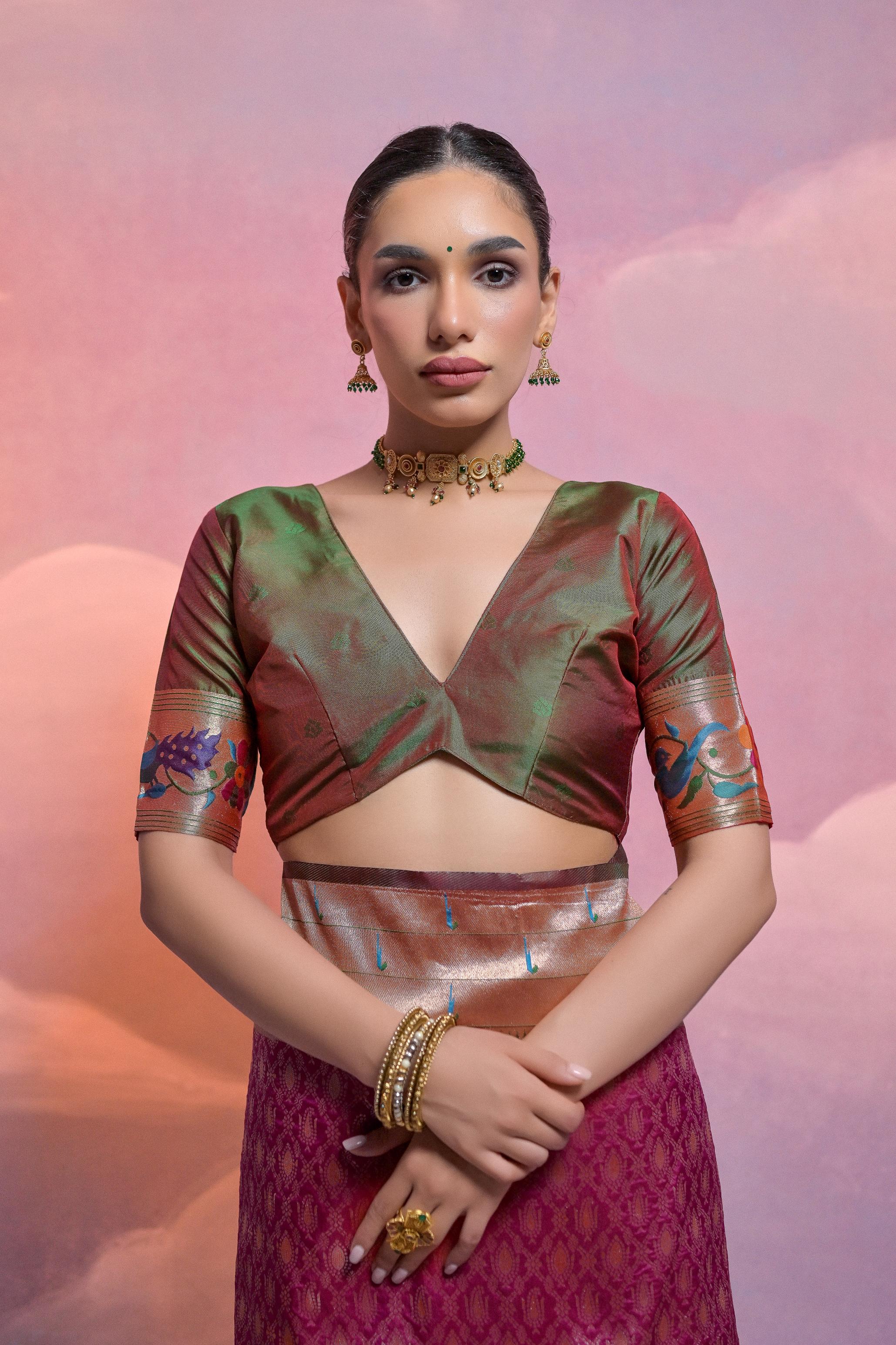 Jyoti Fashion Women's Wine Paithani Silk Zari Woven Saree with Blouse - Image 4