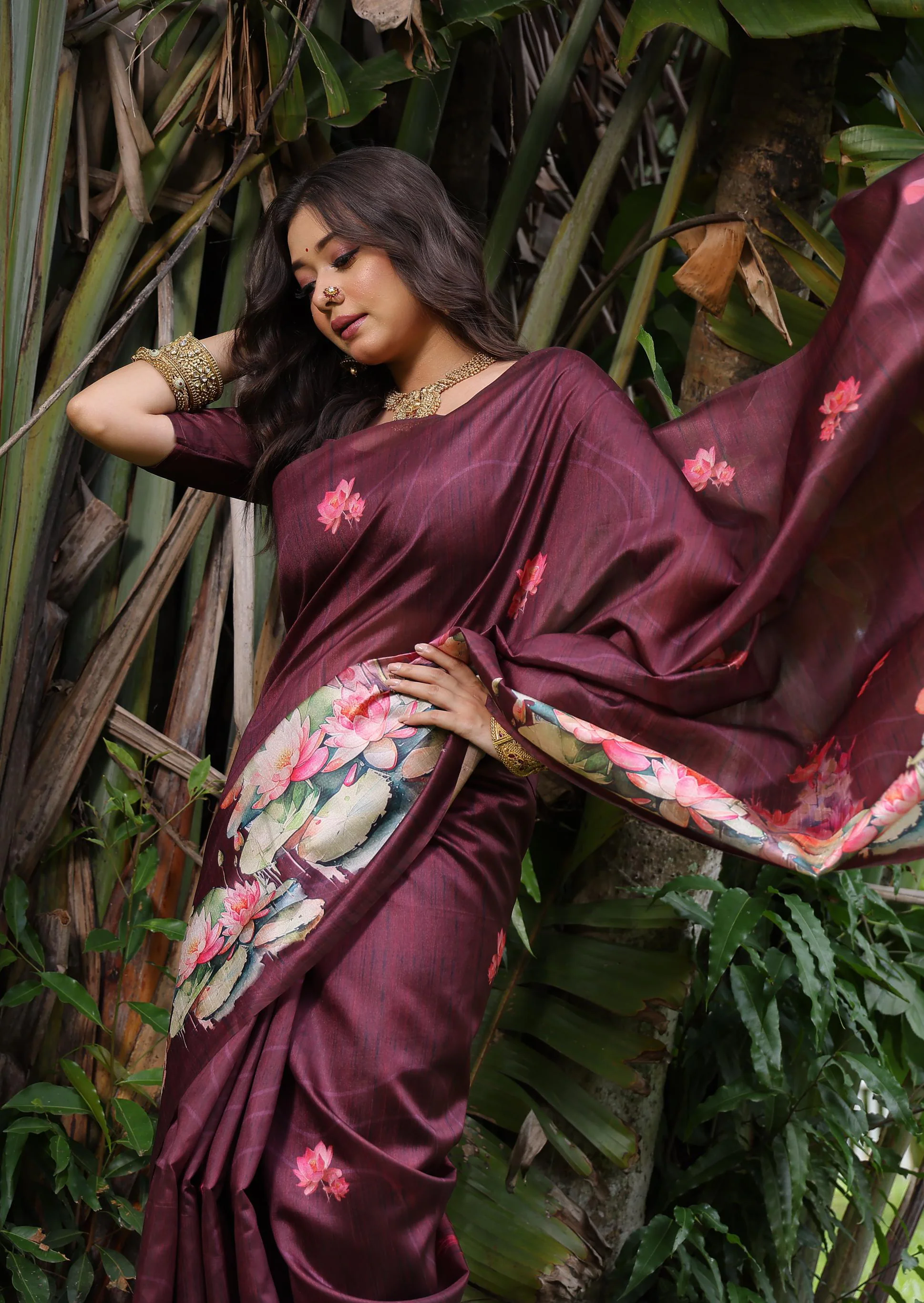 Jyoti Fashion Women's Wine Soft Tussar Silk Floral Printed Saree with Blouse - Image 2
