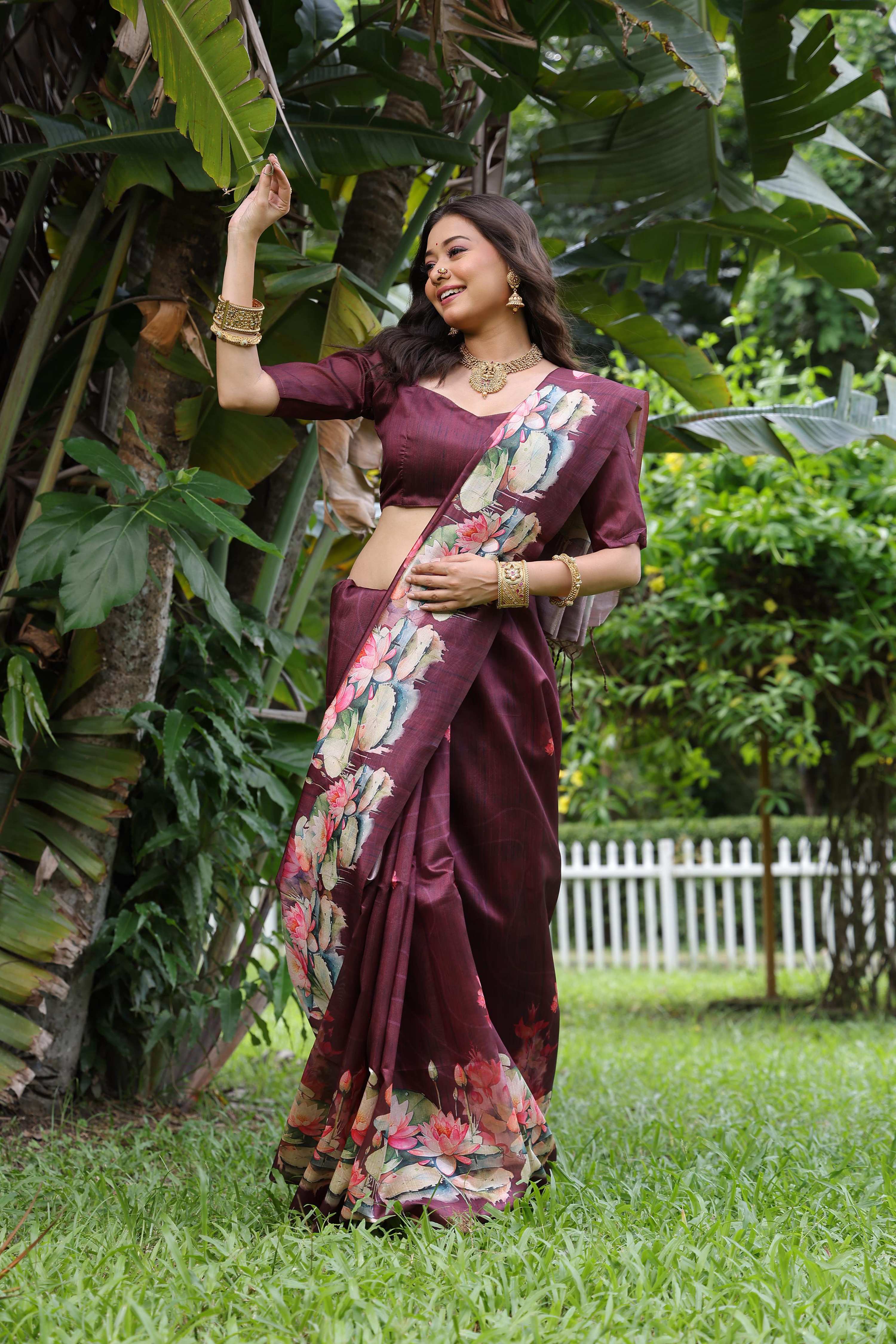 Jyoti Fashion Women's Wine Soft Tussar Silk Floral Printed Saree with Blouse - Image 3