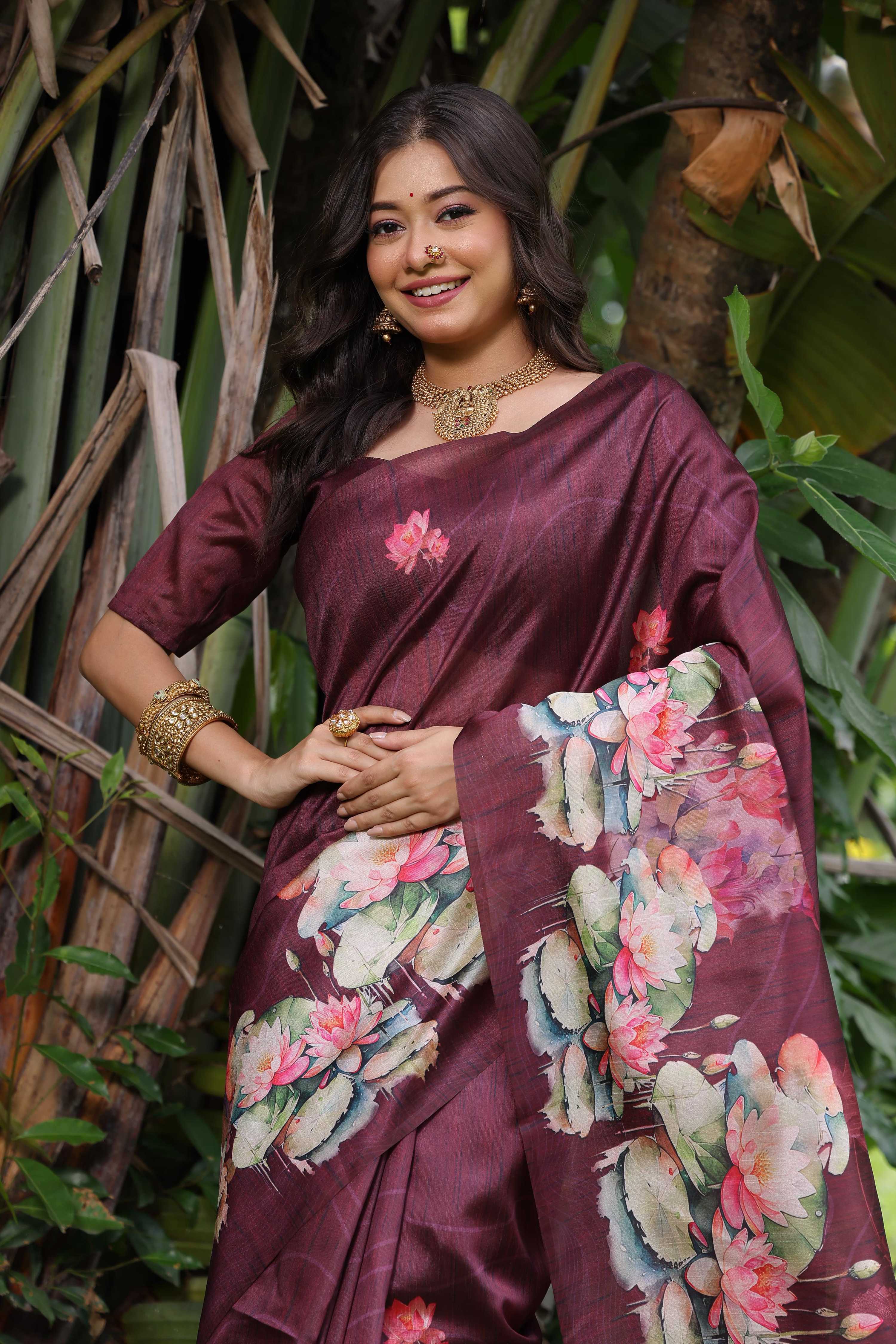Jyoti Fashion Women's Wine Soft Tussar Silk Floral Printed Saree with Blouse - Image 4