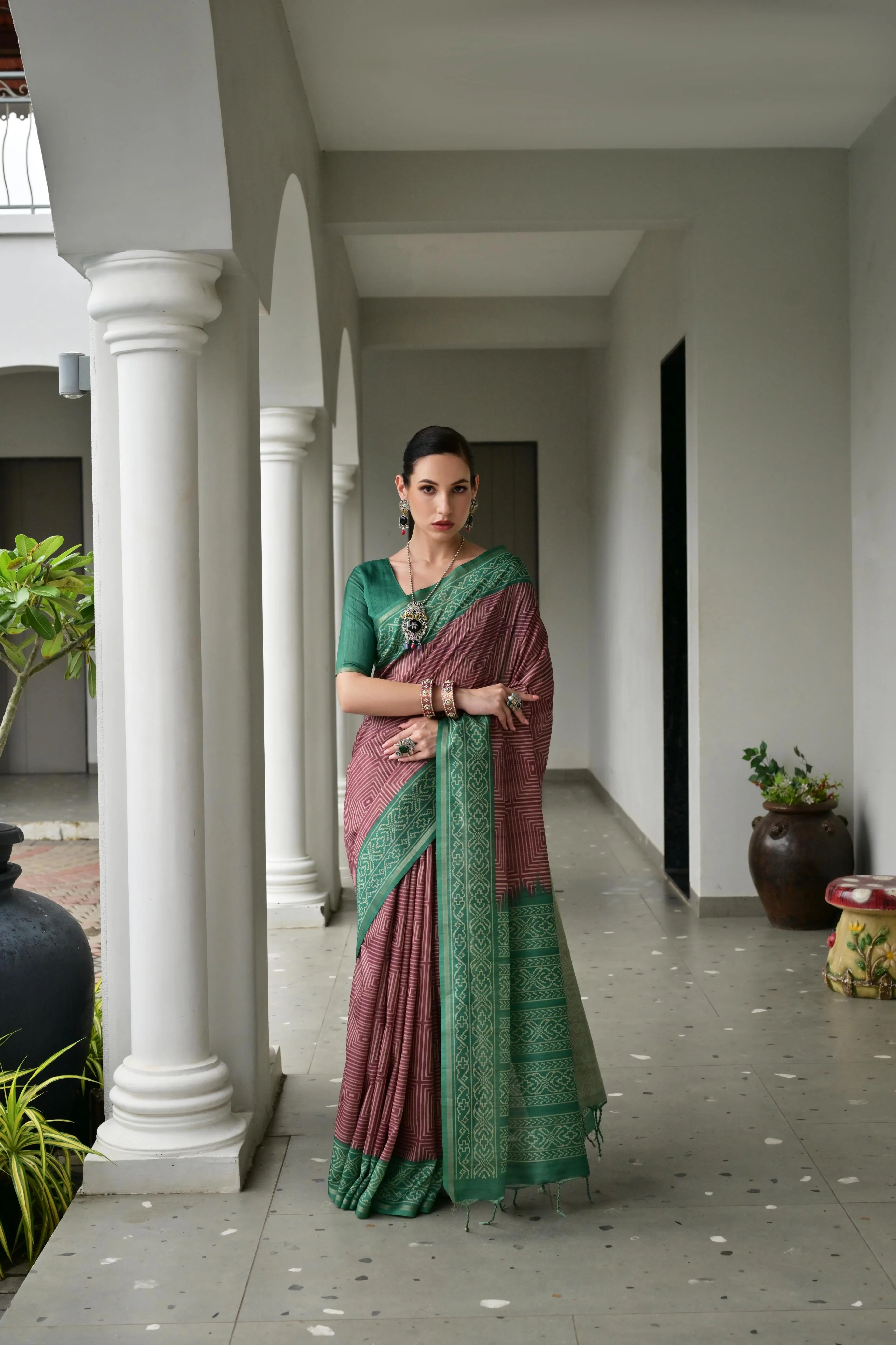 Jyoti Fashion Women's Wine Soft Tussar Silk Ikkat Printed Saree with Blouse