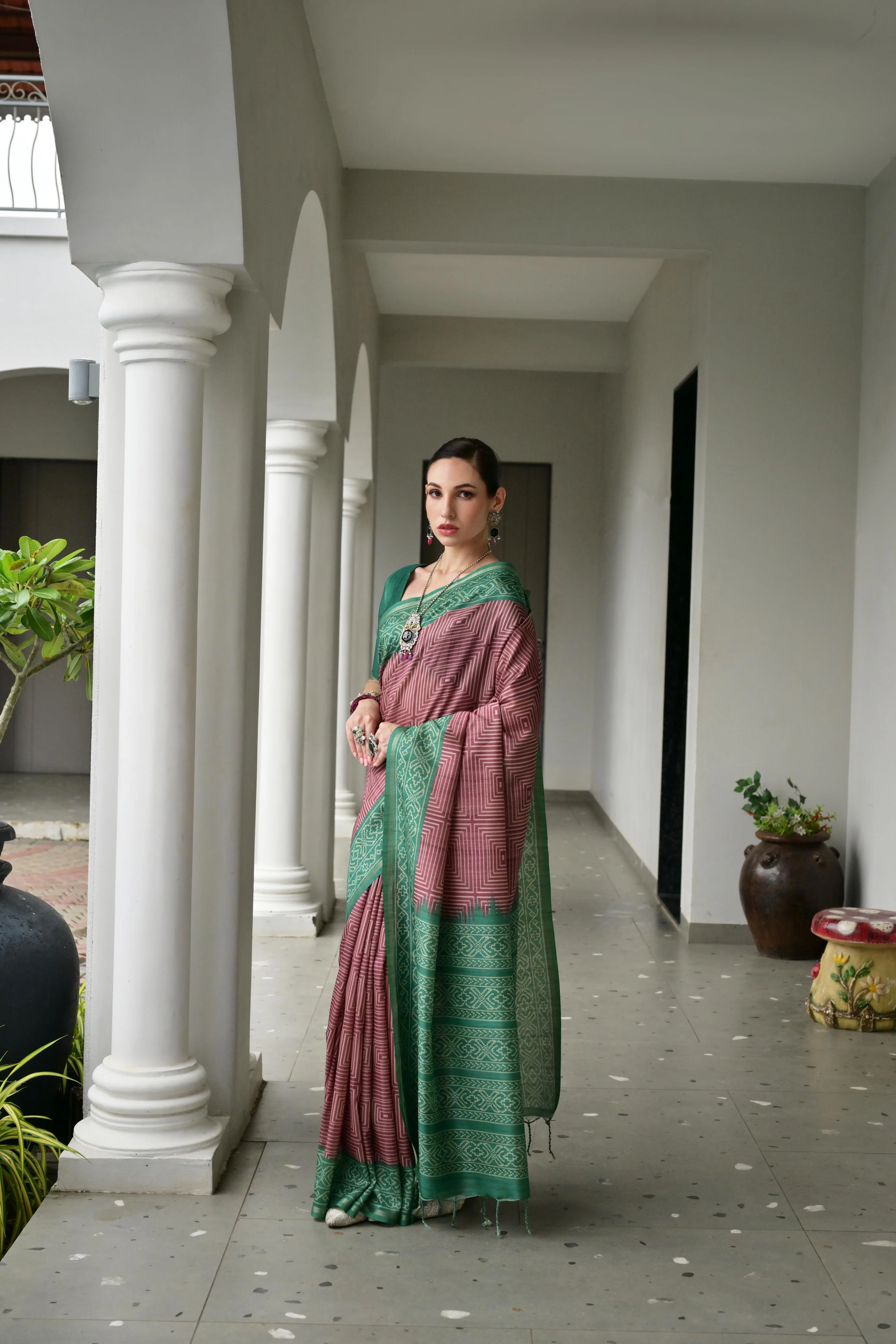 Jyoti Fashion Women's Wine Soft Tussar Silk Ikkat Printed Saree with Blouse - Image 2