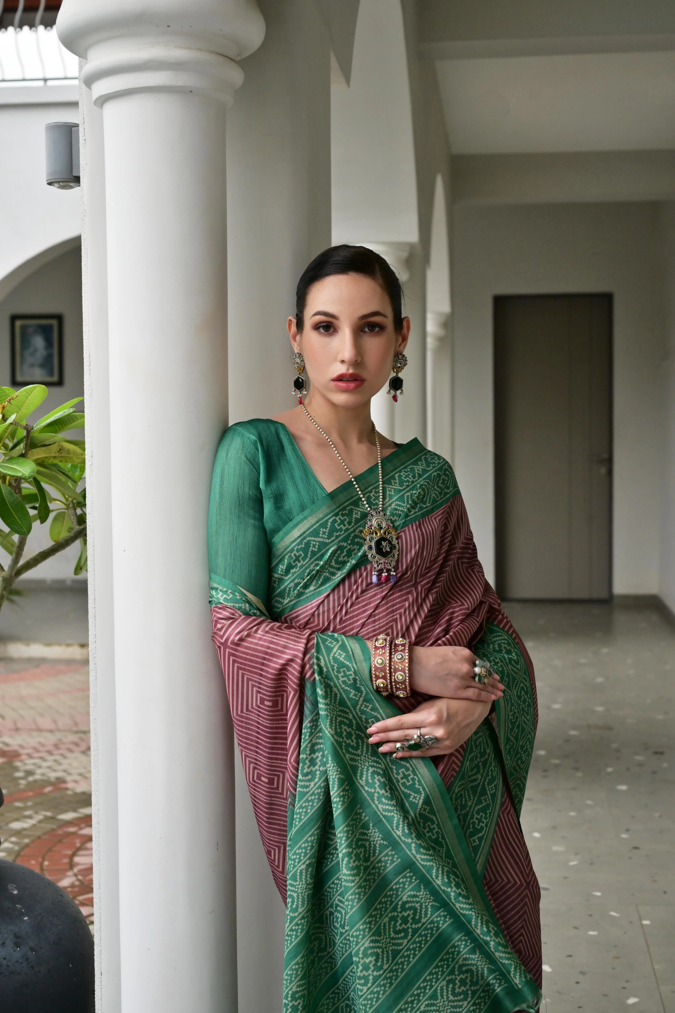 Jyoti Fashion Women's Wine Soft Tussar Silk Ikkat Printed Saree with Blouse - Image 3