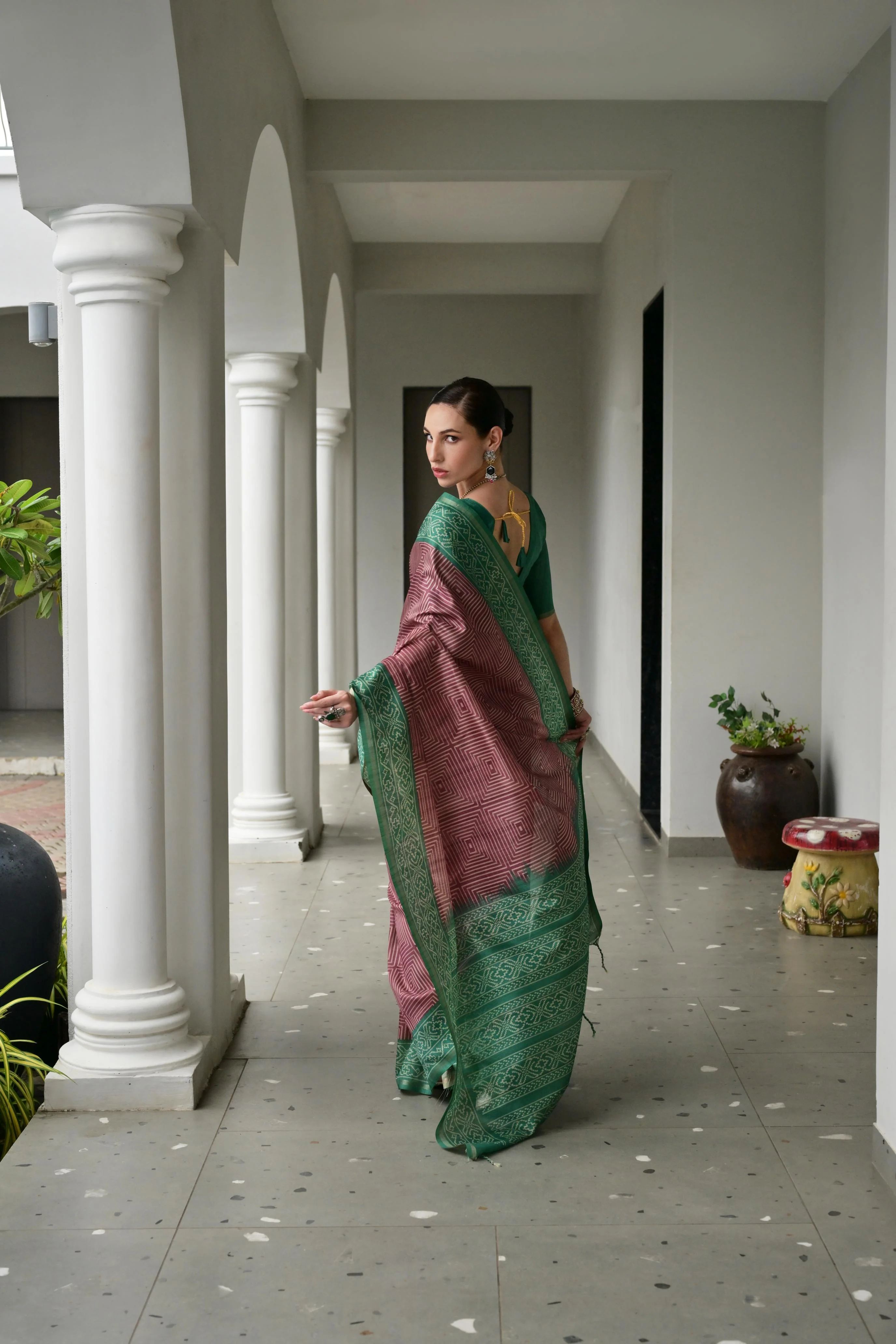 Jyoti Fashion Women's Wine Soft Tussar Silk Ikkat Printed Saree with Blouse - Image 4