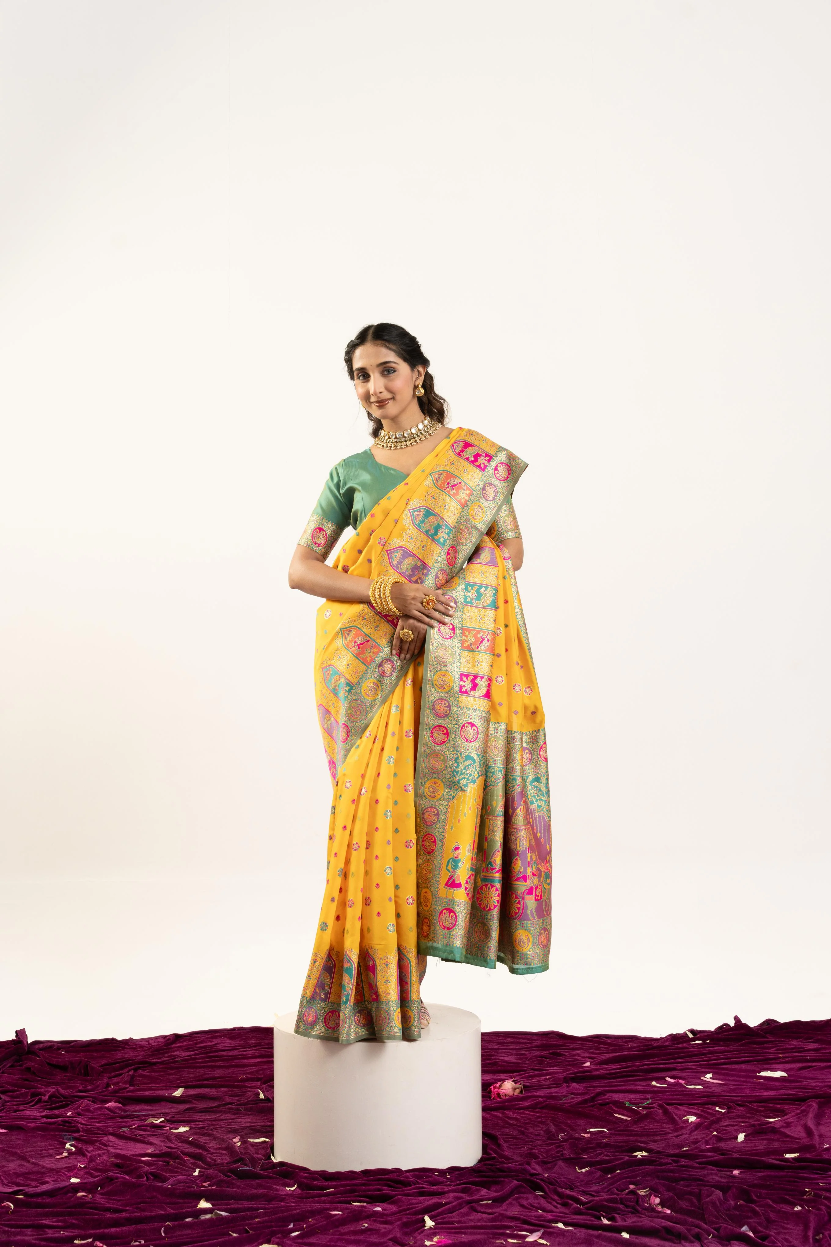 Jyoti Fashion Women's Yellow Banarasi Pashmina Soft Silk Zari Woven Saree with Blouse